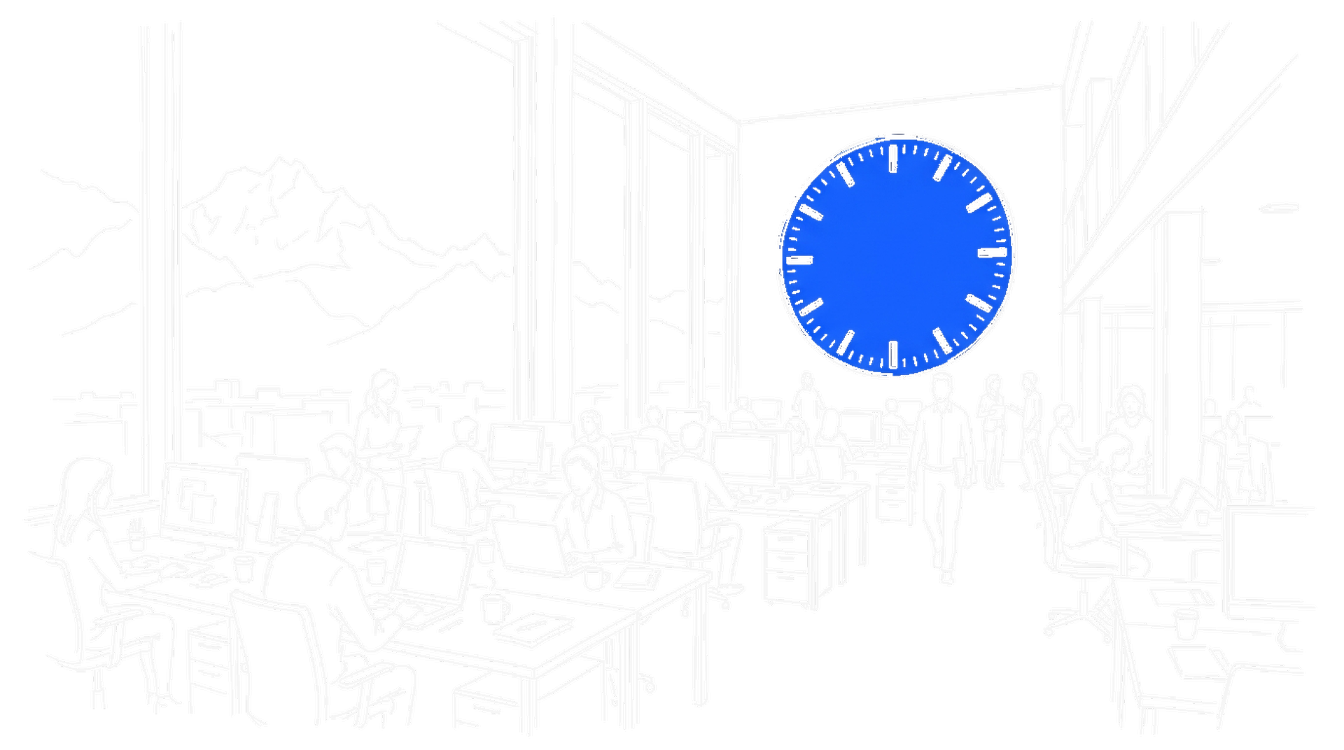 Illustration eines Grossraumbüros mit blauer Bahnhofsuhr und Alpen-Silhouette, kinewsletter.ch Stil