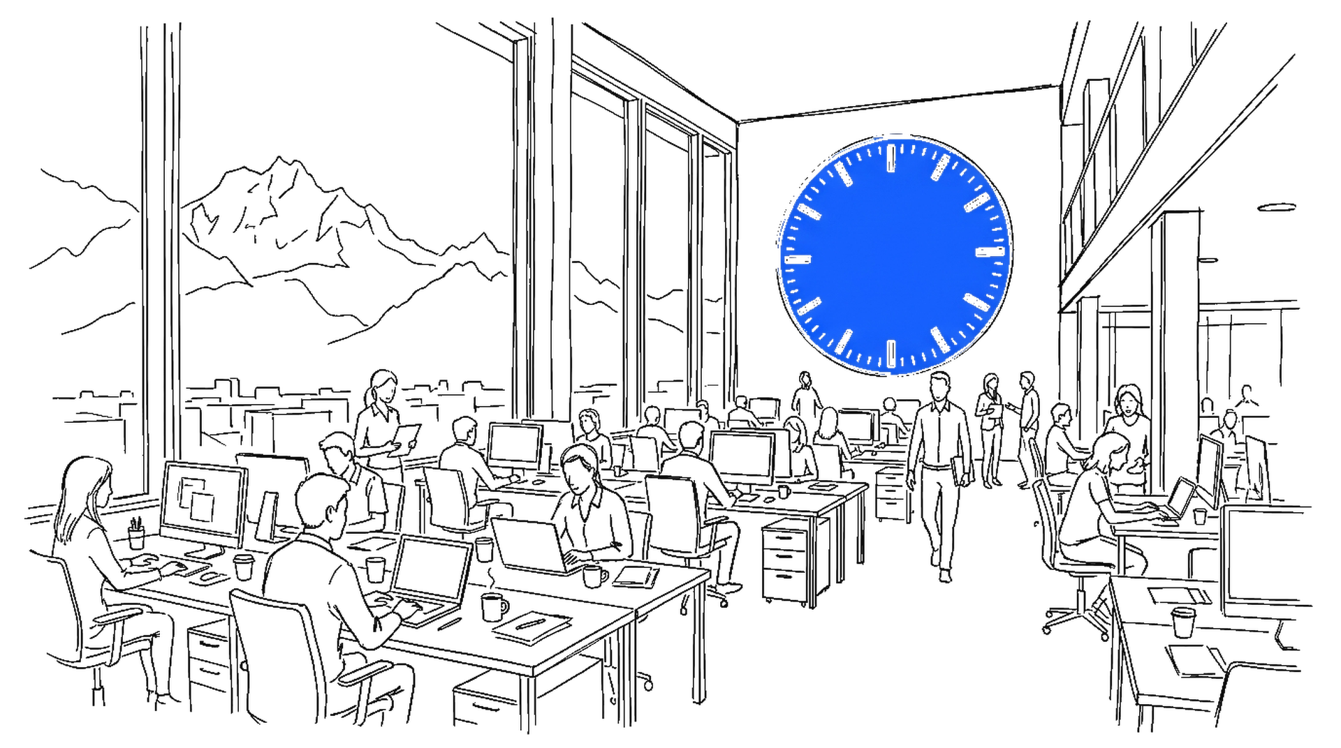 Illustration eines Grossraumbüros mit blauer Bahnhofsuhr und Alpen-Silhouette, kinewsletter.ch Stil