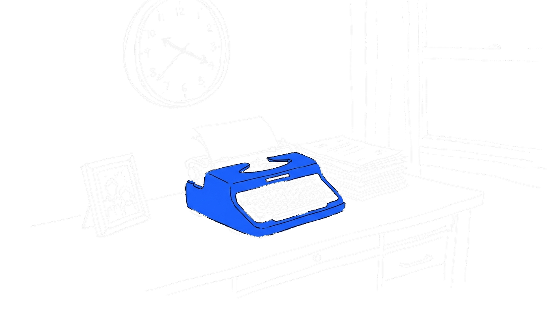 Illustration einer blauen Schreibmaschine und müder Büroszene, kinewsletter.ch Stil