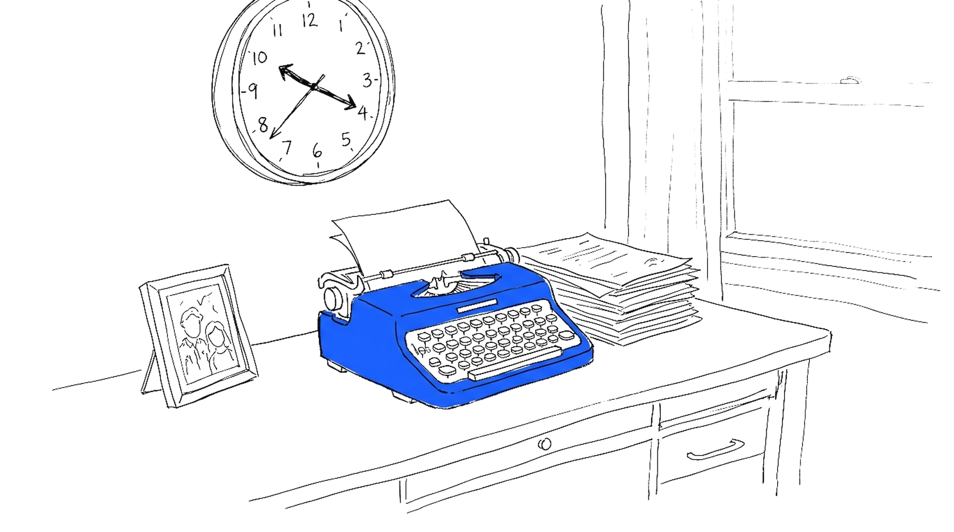 Illustration einer blauen Schreibmaschine und müder Büroszene, kinewsletter.ch Stil