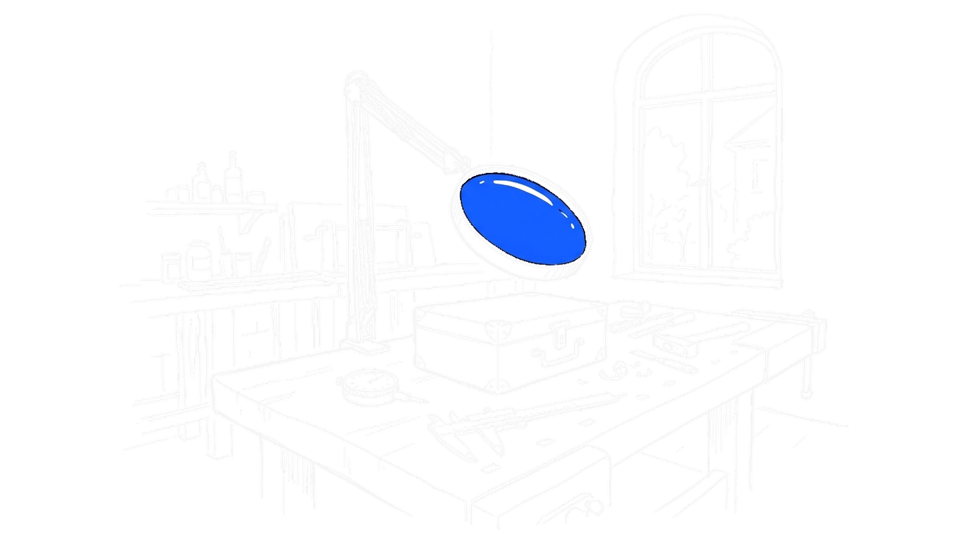 Illustration einer Prüfwerkbank mit grosser Lupe auf Gelenkstativ über einer verschlossenen Metallkassette, daneben Messschieber, kinewsletter.ch Stil