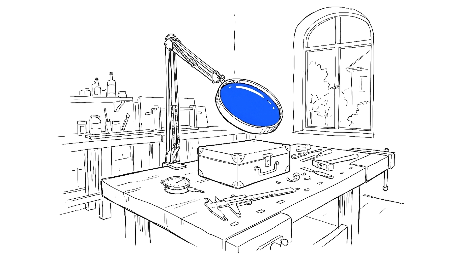 Illustration einer Prüfwerkbank mit grosser Lupe auf Gelenkstativ über einer verschlossenen Metallkassette, daneben Messschieber, kinewsletter.ch Stil