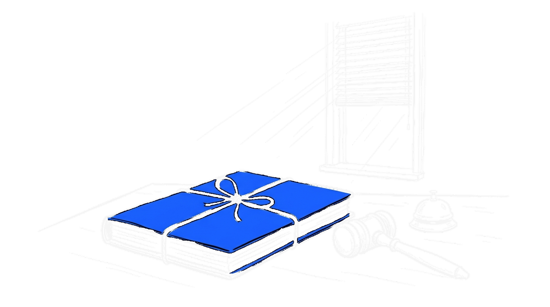 Illustration einer verschnürten Aktenmappe in Elektroblau neben einem Richterhammer, kinewsletter.ch Stil