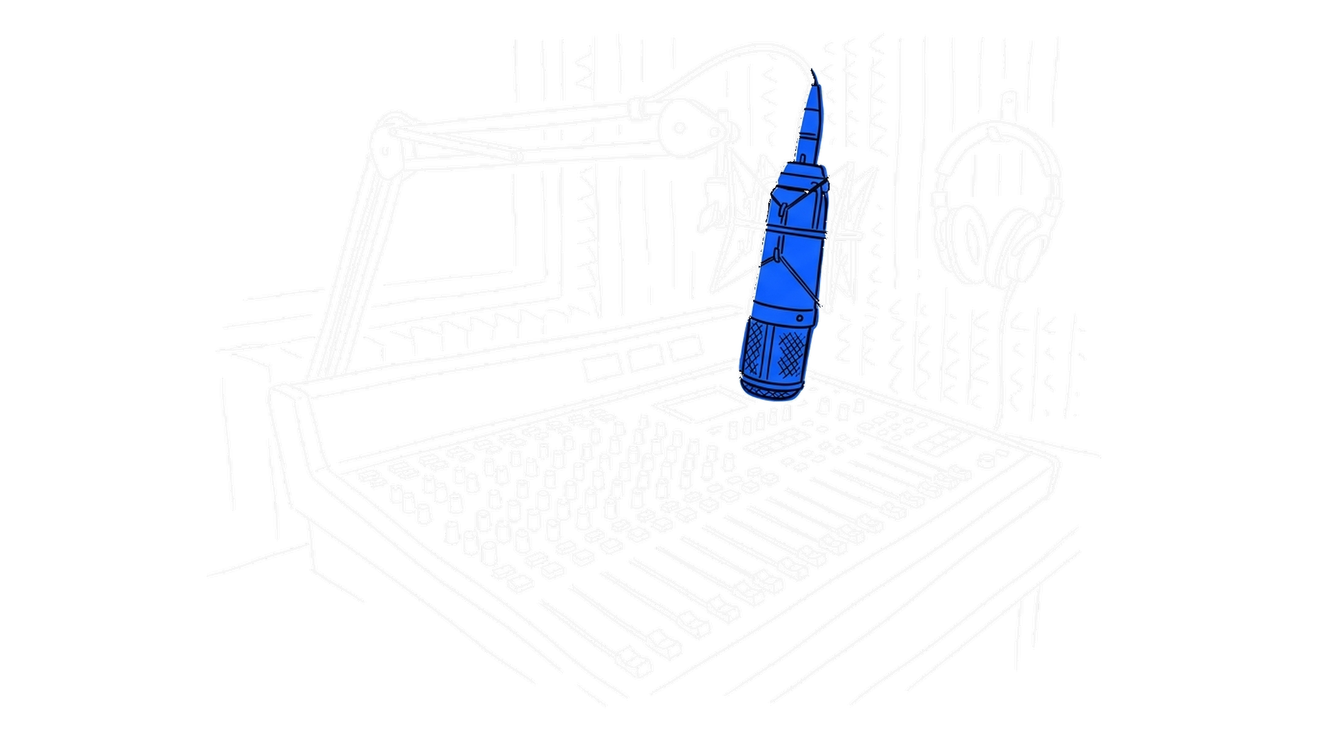 Illustration eines Tonstudios mit Mischpult, Kondensatormikrofon am Galgen und Kopfhörern, kinewsletter.ch Stil