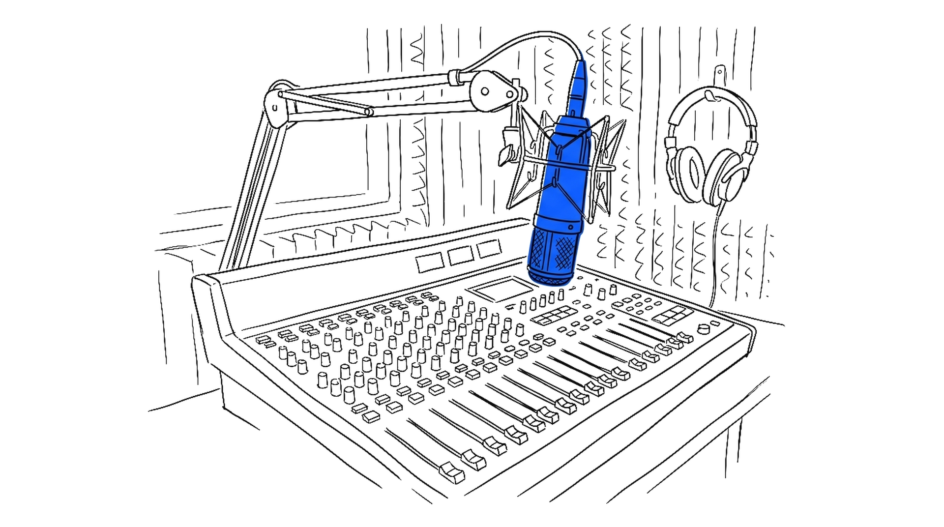Illustration eines Tonstudios mit Mischpult, Kondensatormikrofon am Galgen und Kopfhörern, kinewsletter.ch Stil