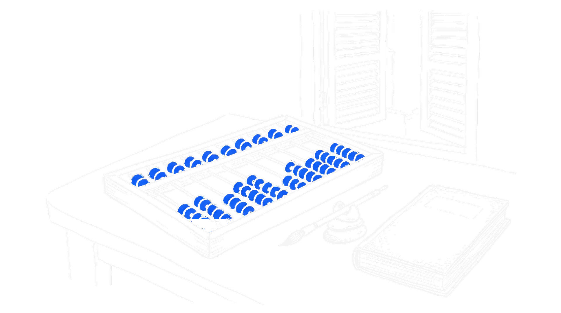 Illustration eines Abakus auf einem Kaufmannstisch mit blauen Kugeln, kinewsletter.ch Stil