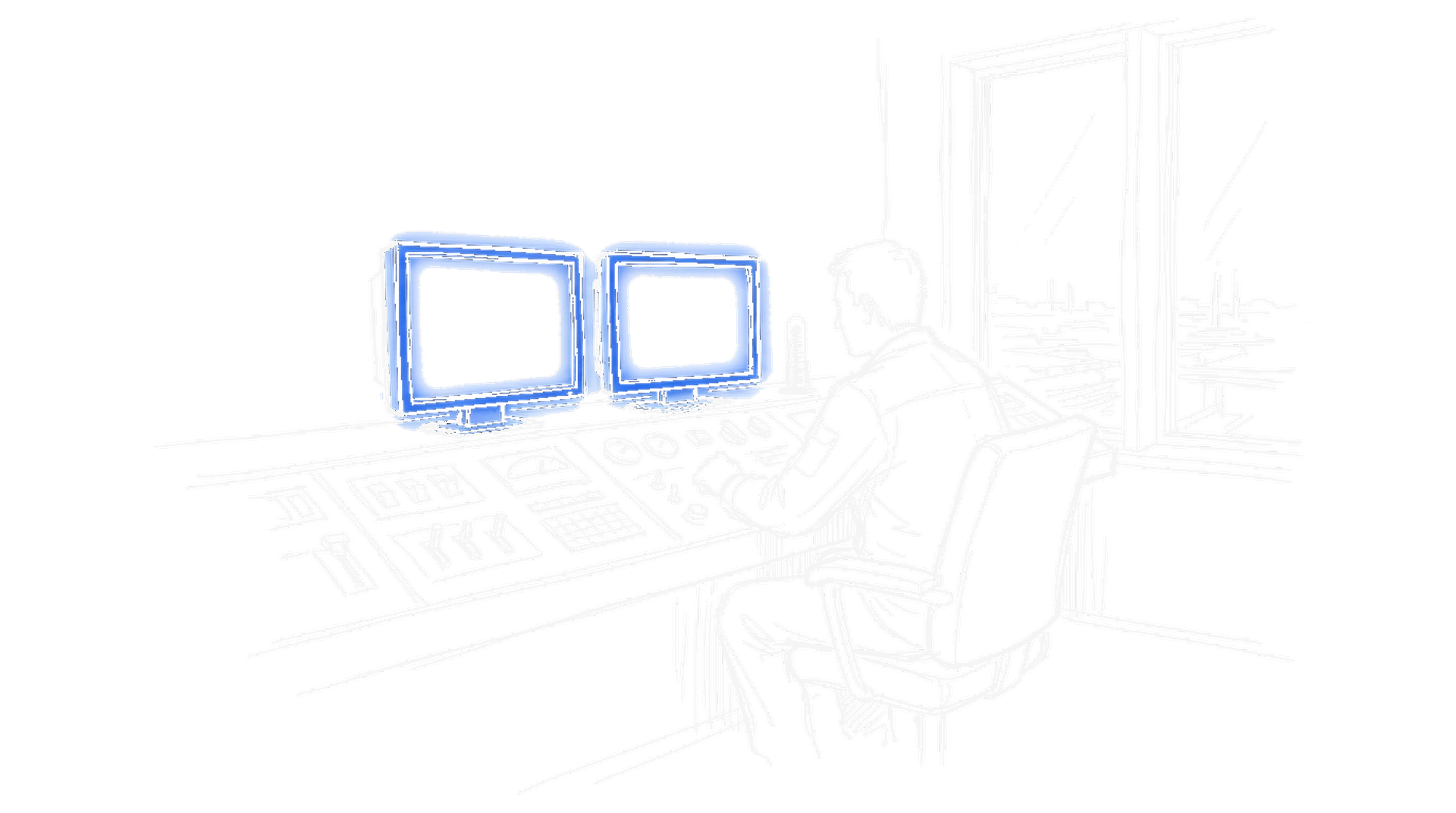 Illustration einer Schaltzentrale mit elektroblauen Monitoren, kinewsletter.ch Stil