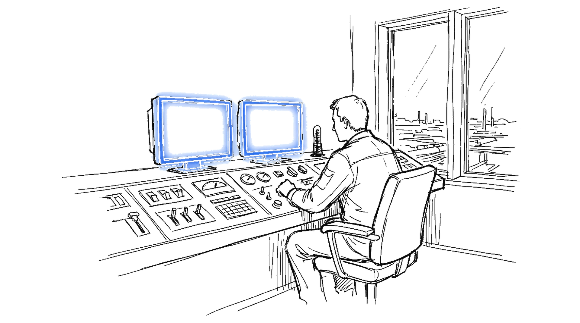 Illustration einer Schaltzentrale mit elektroblauen Monitoren, kinewsletter.ch Stil