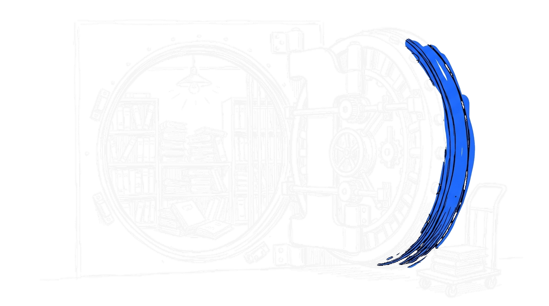 Illustration eines offenen Banktresors mit Büchern und einem Handwagen, Sketch-Stil mit elektroblauen Akzenten, kinewsletter.ch Stil