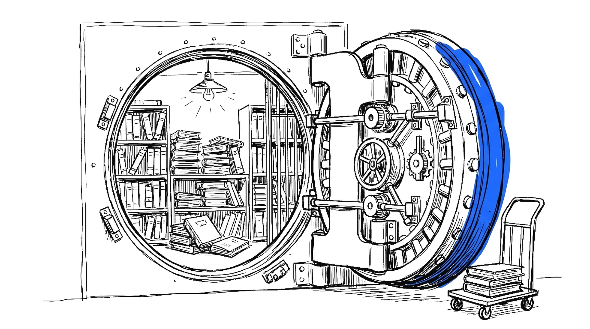 Illustration eines offenen Banktresors mit Büchern und einem Handwagen, Sketch-Stil mit elektroblauen Akzenten, kinewsletter.ch Stil