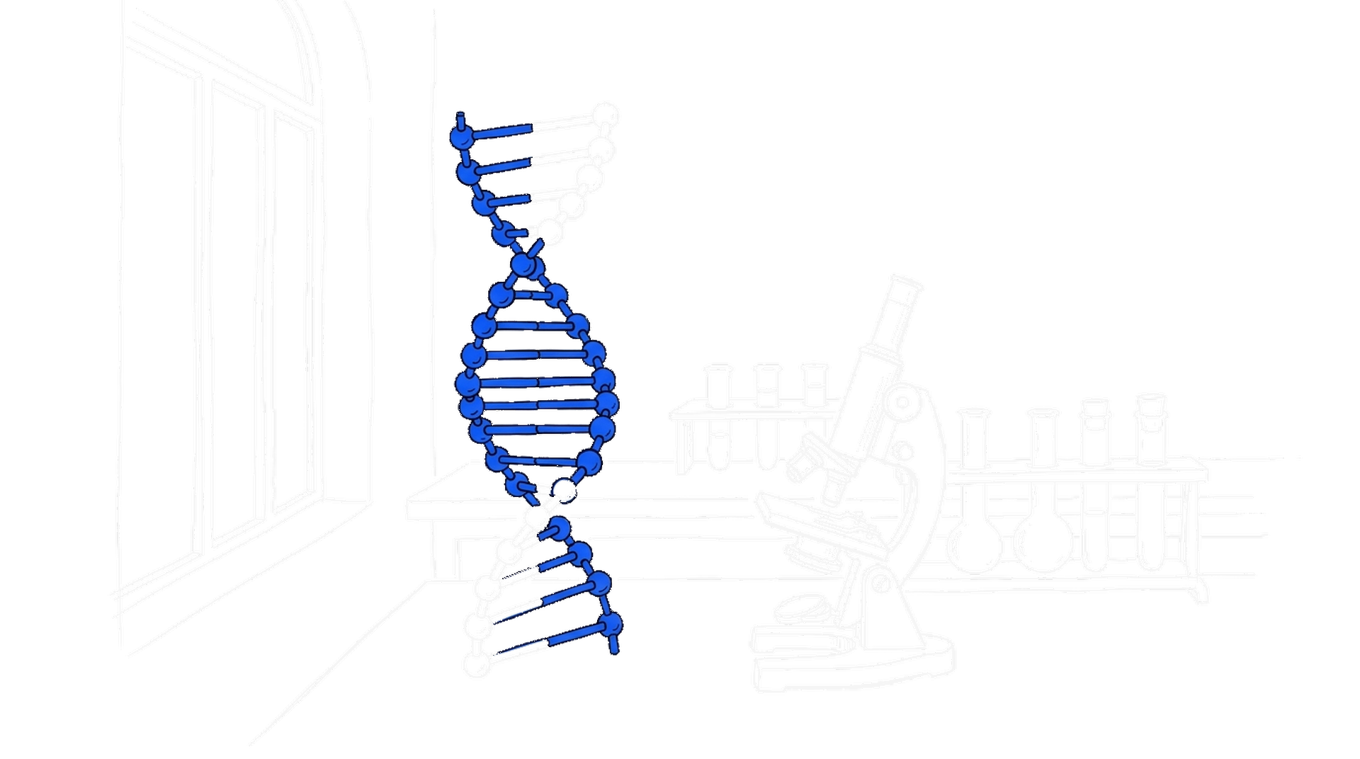 Illustration eines DNA-Doppelhelix-Modells auf einer Laborbank neben Mikroskop und Glasröhrchen, kinewsletter.ch Stil