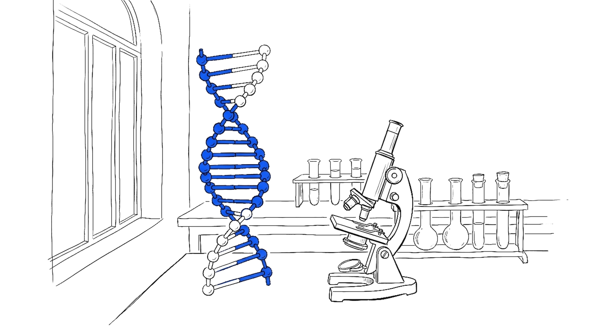 Illustration eines DNA-Doppelhelix-Modells auf einer Laborbank neben Mikroskop und Glasröhrchen, kinewsletter.ch Stil