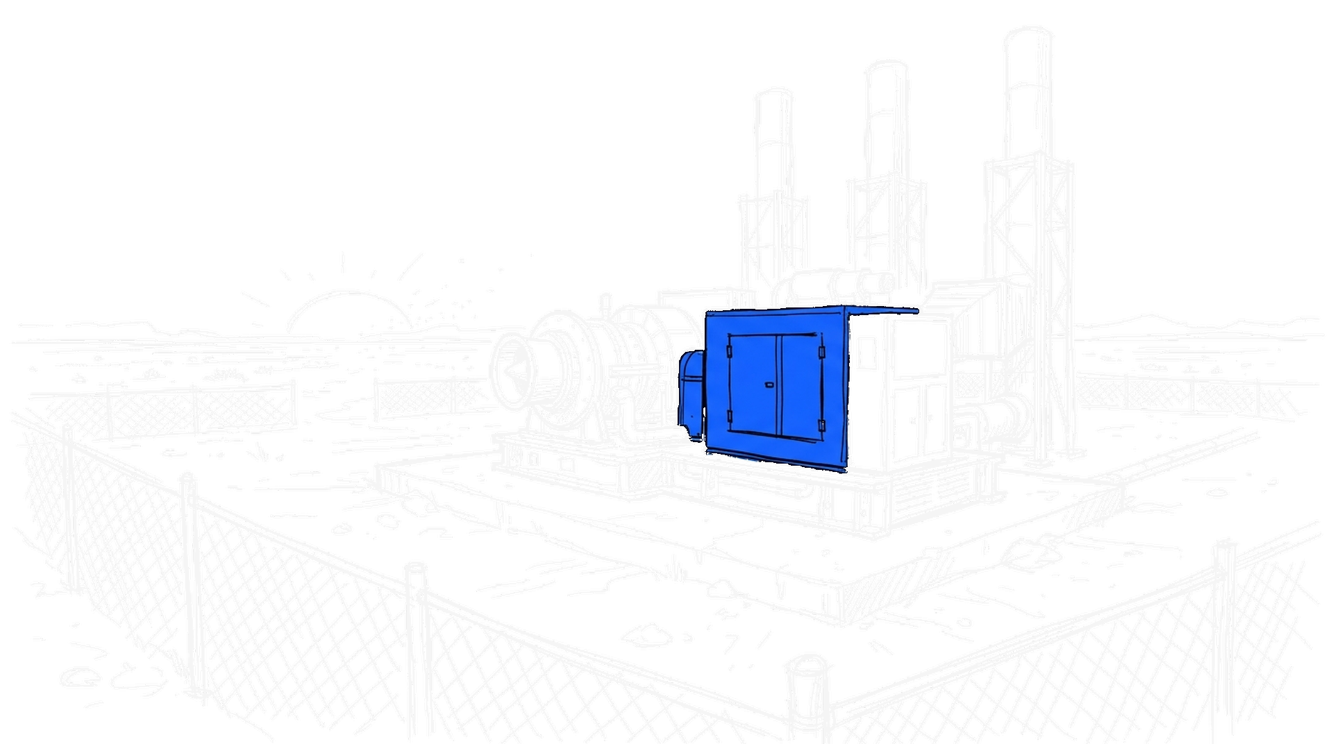 Illustration einer elektroblauen Gasturbine mit Abgaskaminen in einer Wüstenebene hinter Maschendrahtzaun, kinewsletter.ch Stil