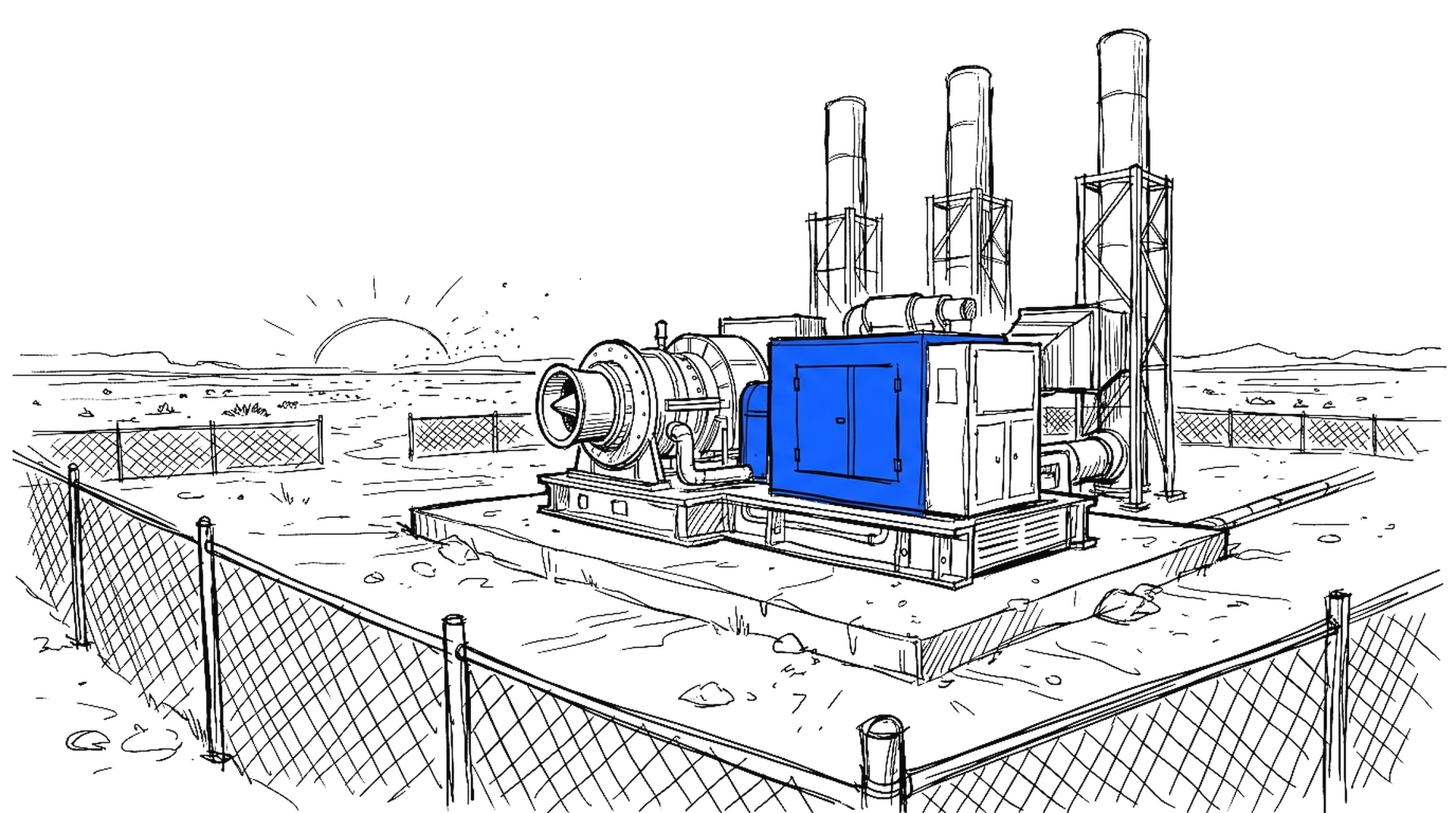 Illustration einer elektroblauen Gasturbine mit Abgaskaminen in einer Wüstenebene hinter Maschendrahtzaun, kinewsletter.ch Stil