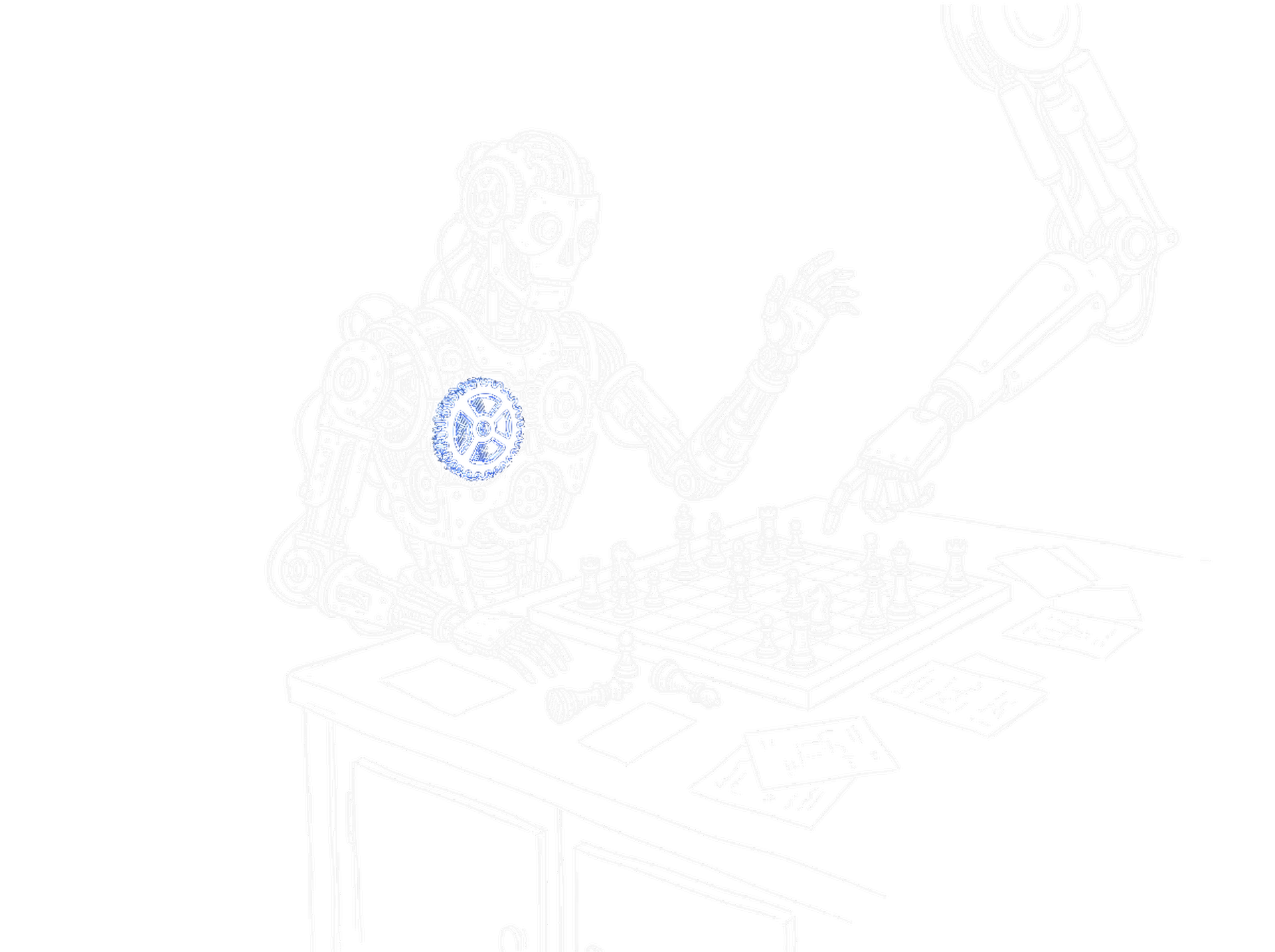 Handgezeichnete Skizze eines mechanischen Schachtürken-Automaten, in den ein moderner Roboterarm greift, mit verstreuten Karten, mit elektroblauem Akzent (Dark Mode)