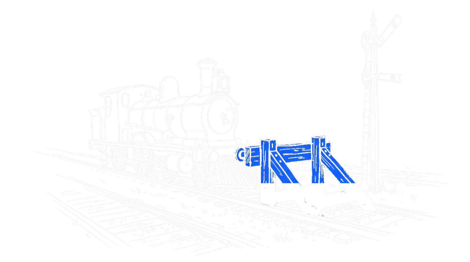 Illustration einer Lokomotive vor einem blauen Prellbock auf einem Abstellgleis, kinewsletter.ch Stil