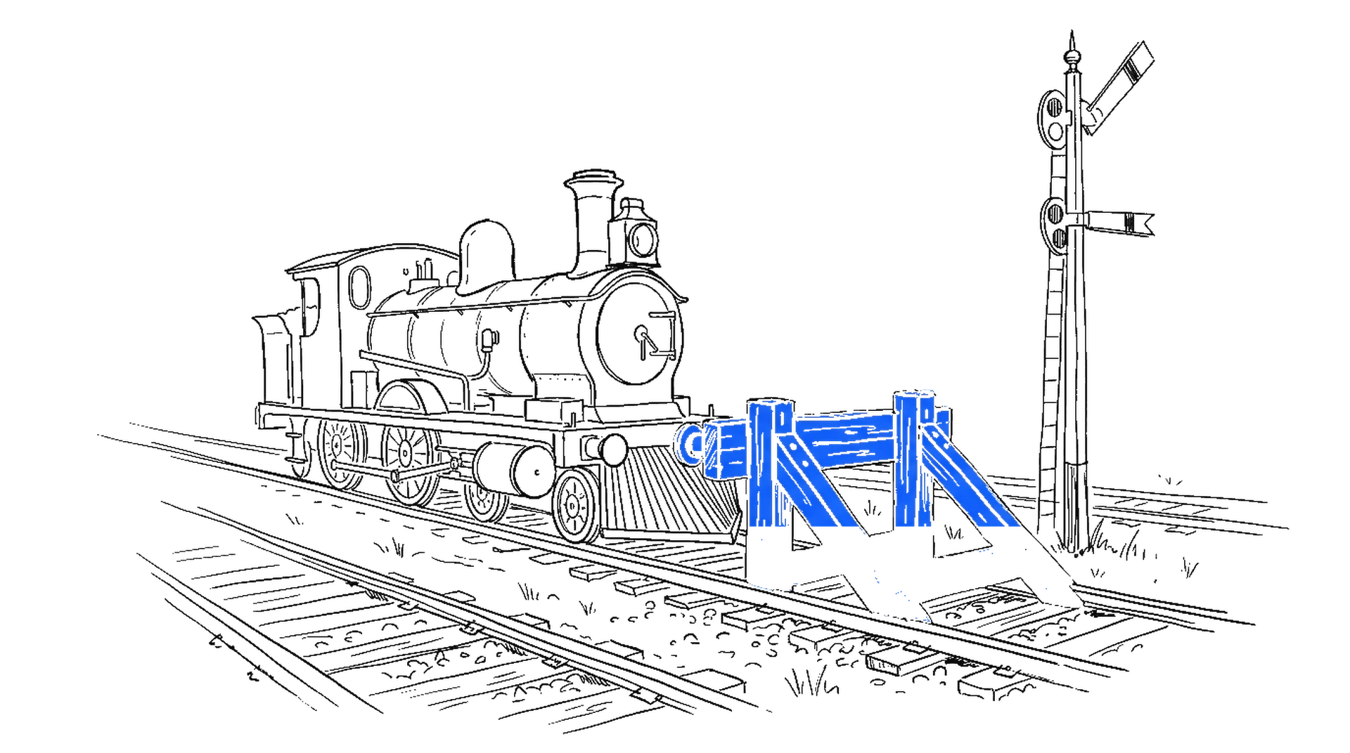 Illustration einer Lokomotive vor einem blauen Prellbock auf einem Abstellgleis, kinewsletter.ch Stil