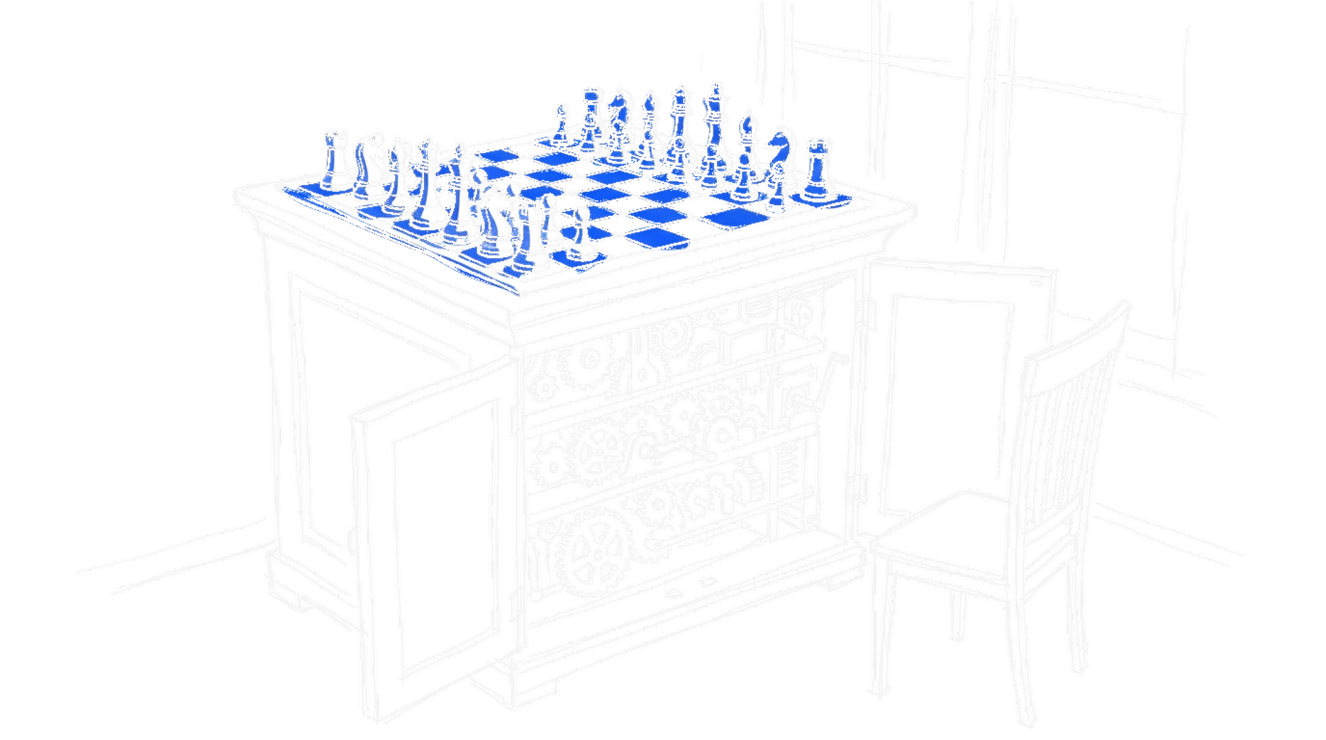 Illustration eines historischen Schachautomaten mit geöffneten Schranktüren und sichtbaren Zahnrädern, darauf ein Schachbrett mit Figuren in Elektroblau, daneben ein leerer Stuhl, kinewsletter.ch Stil