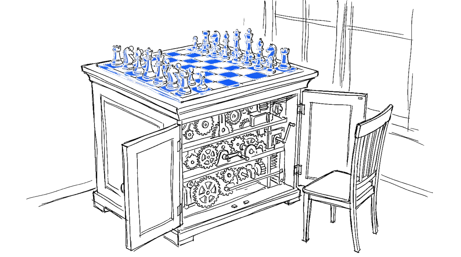 Illustration eines historischen Schachautomaten mit geöffneten Schranktüren und sichtbaren Zahnrädern, darauf ein Schachbrett mit Figuren in Elektroblau, daneben ein leerer Stuhl, kinewsletter.ch Stil