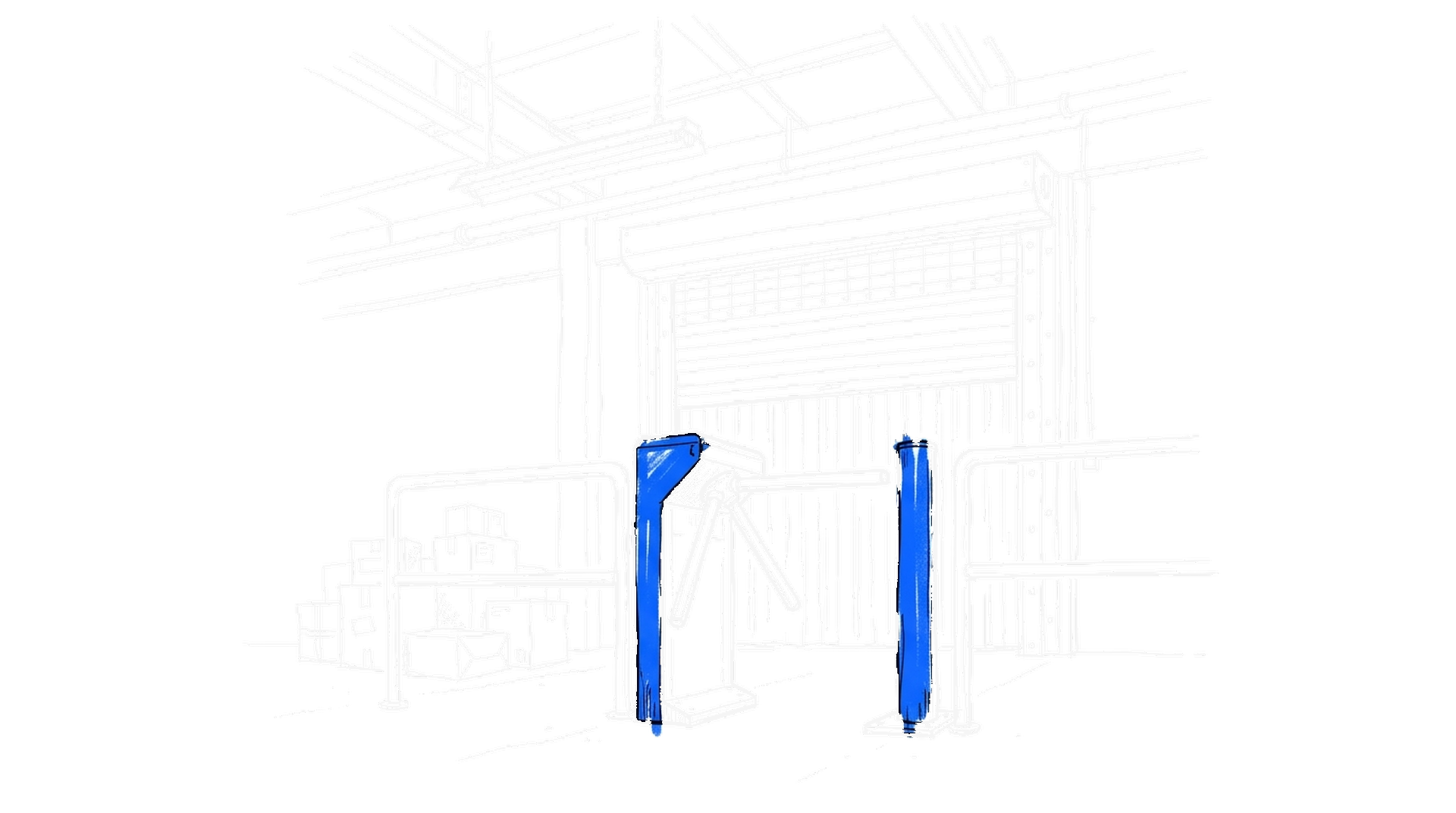 Illustration eines Drehkreuzes vor einem geschlossenen Rolltor in einer Lagerhalle mit gestapelten Paketen, kinewsletter.ch Stil
