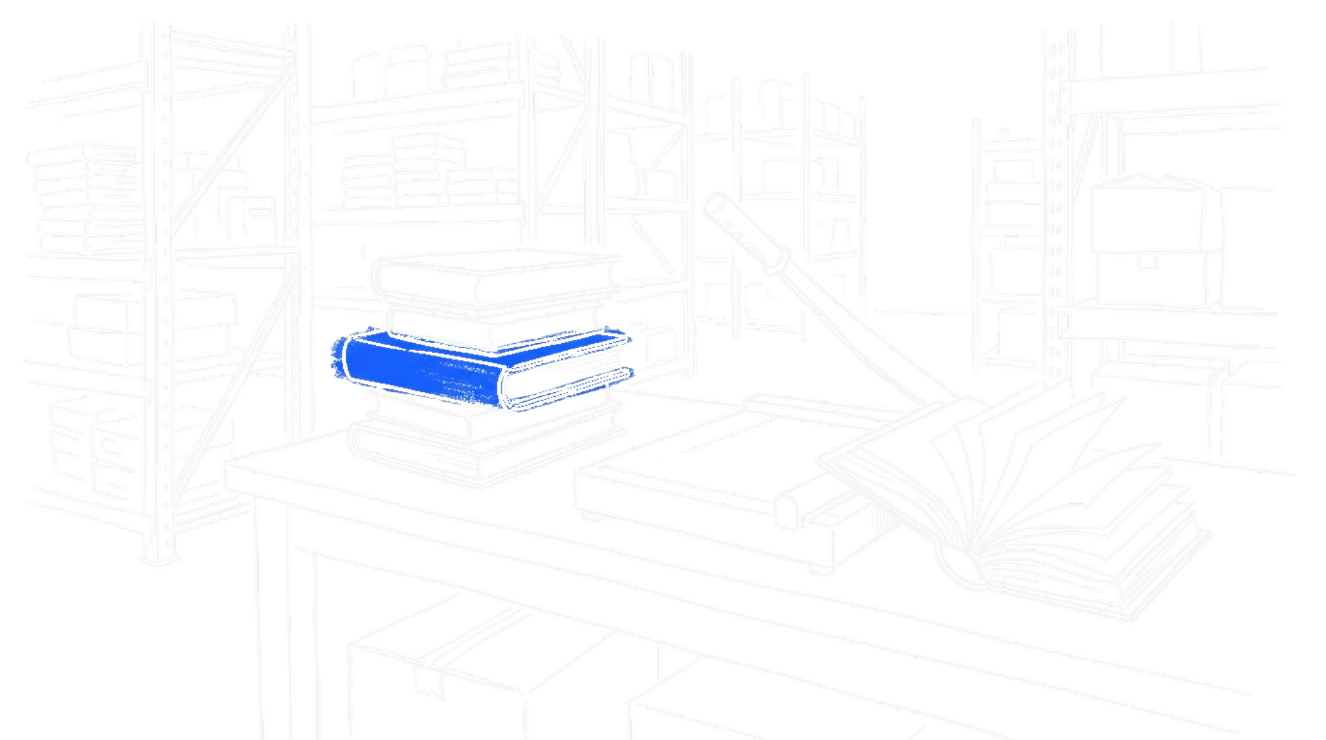 Illustration eines Stapels gebundener Bücher auf einer Lagerwerkbank, daneben ein aufgeschnittenes Buch mit losen Seiten und ein Papierschneider, kinewsletter.ch Stil