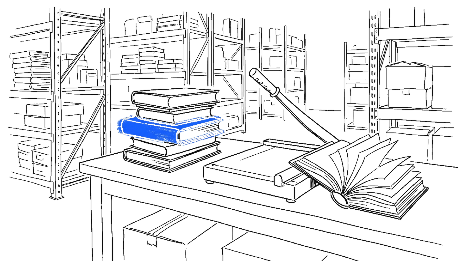 Illustration eines Stapels gebundener Bücher auf einer Lagerwerkbank, daneben ein aufgeschnittenes Buch mit losen Seiten und ein Papierschneider, kinewsletter.ch Stil