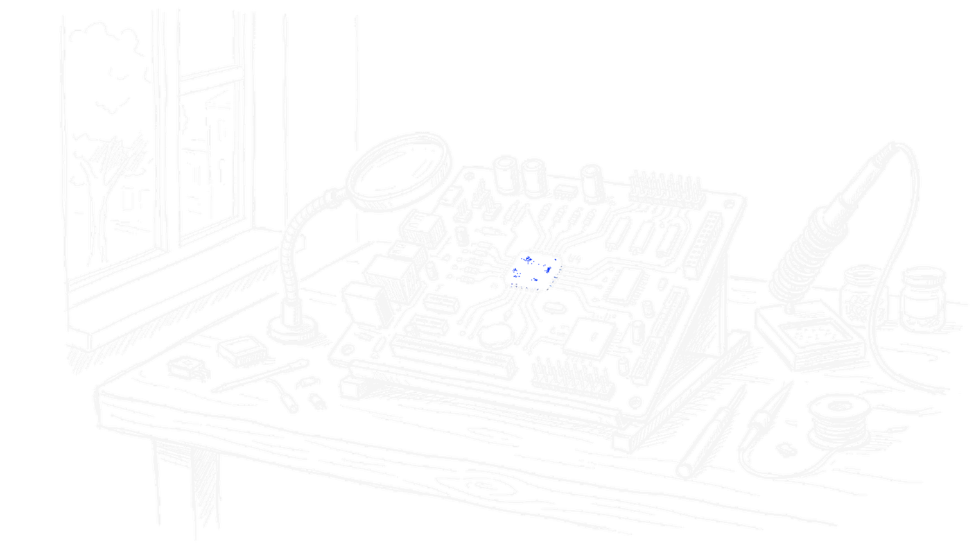 Skizze einer Platine mit Lötkolben und Lupe auf einer Werkbank, ein einzelner elektroblau hervorgehobener Mikrochip, Fenster mit Nachmittagslicht (Dark)