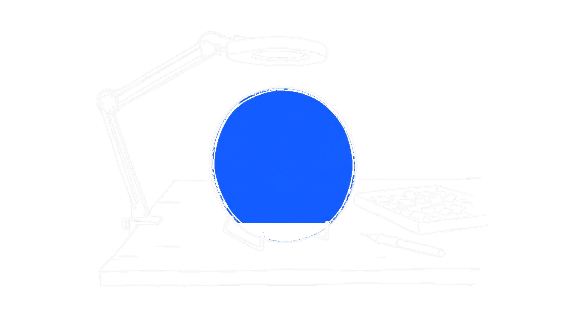 Illustration einer elektroblauen Silizium-Wafer-Scheibe auf einer Werkbank unter einer Lupenlampe, kinewsletter.ch Stil