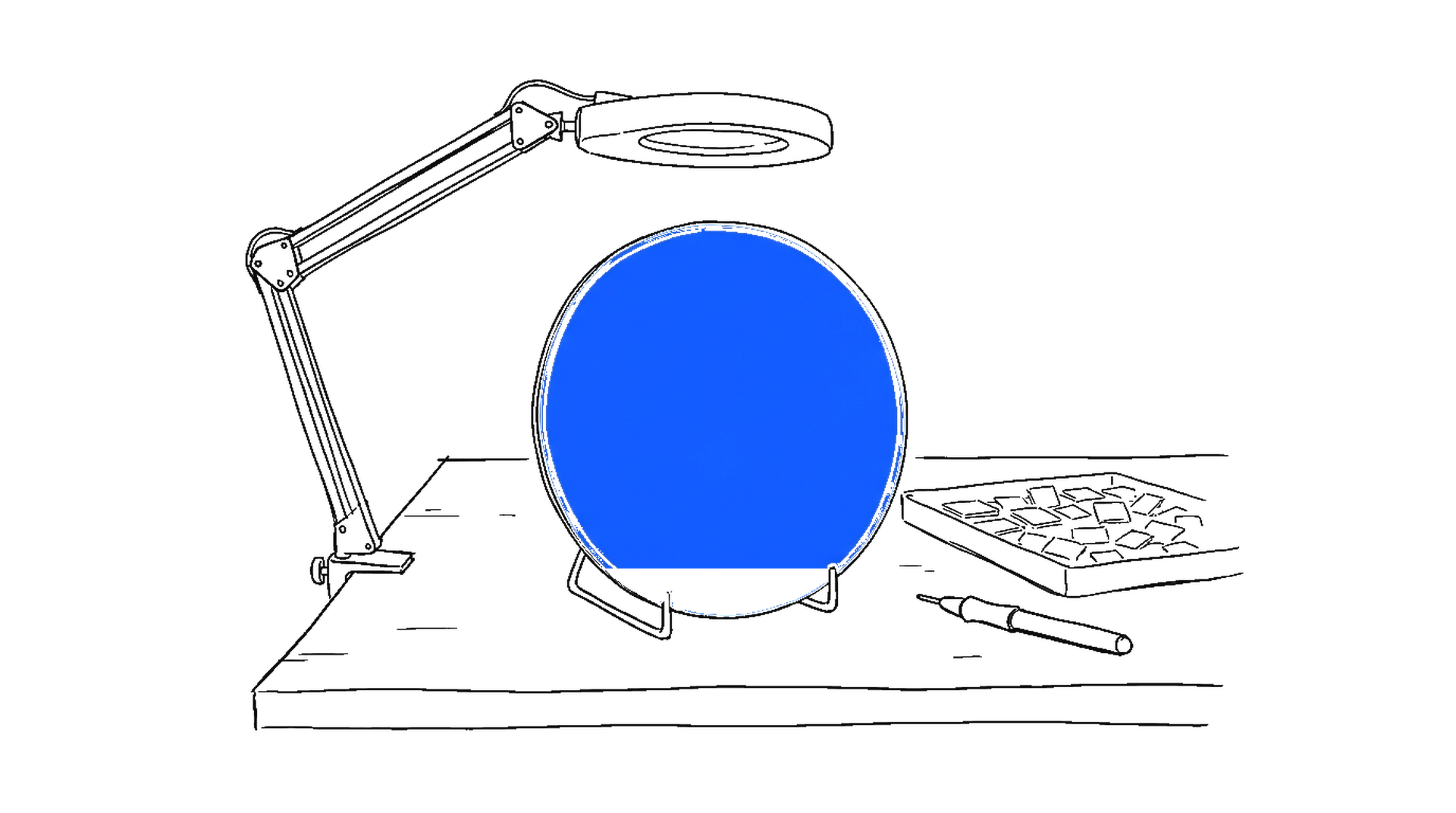 Illustration einer elektroblauen Silizium-Wafer-Scheibe auf einer Werkbank unter einer Lupenlampe, kinewsletter.ch Stil