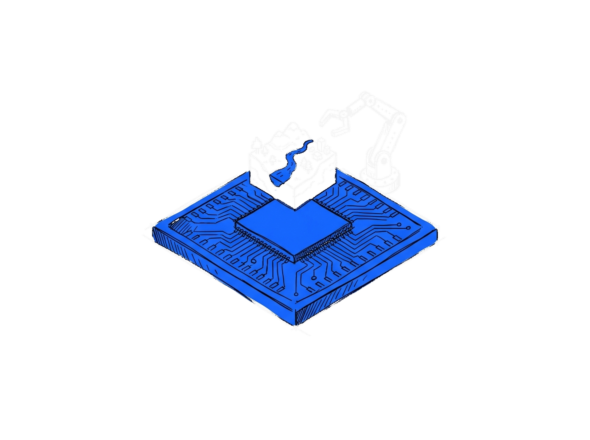 Tuschskizze eines Mikrochips in Elektroblau, auf dem ein kleiner 3D-Landschaftswürfel und ein Roboterarm stehen
