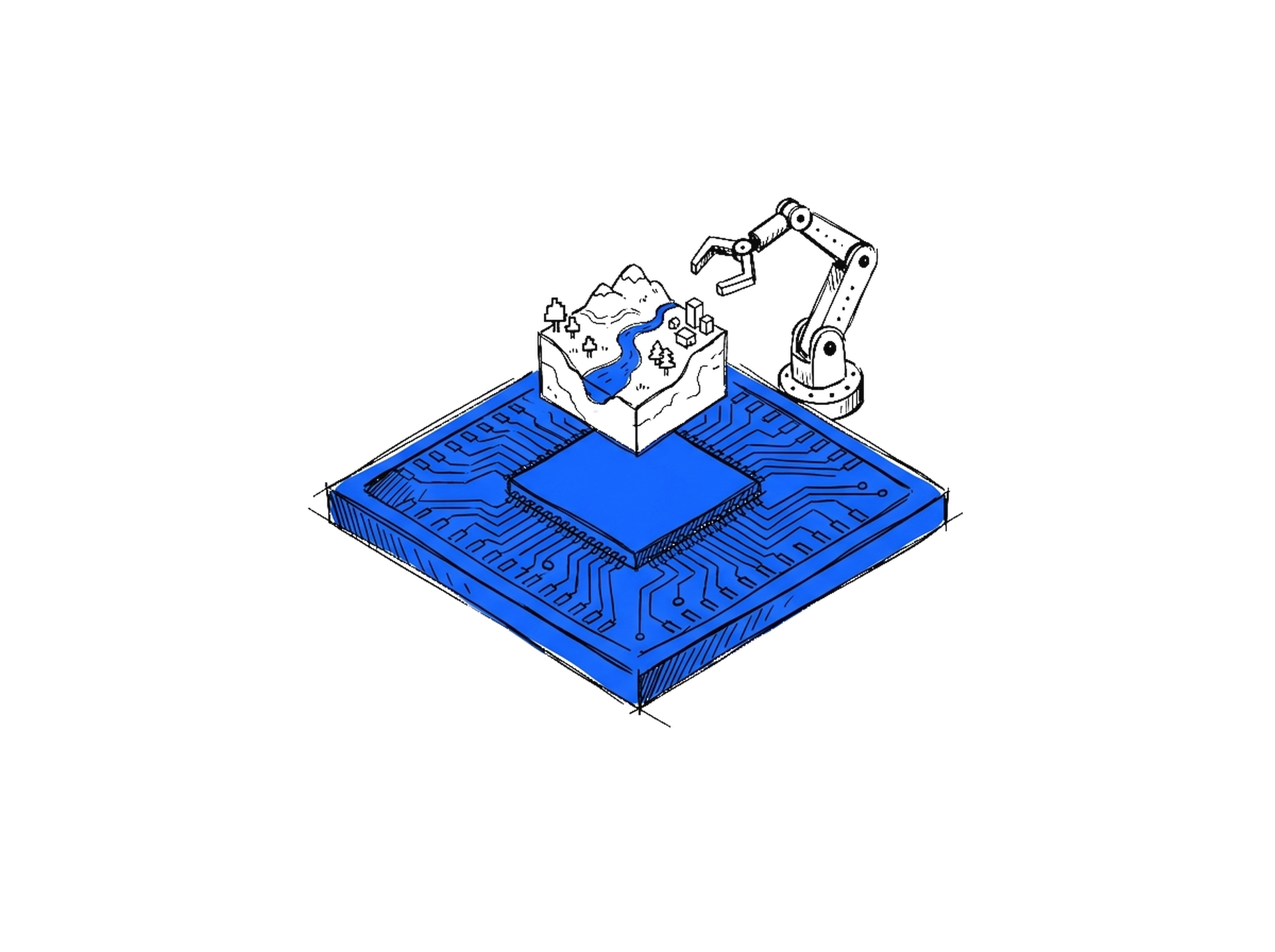 Tuschskizze eines Mikrochips in Elektroblau, auf dem ein kleiner 3D-Landschaftswürfel und ein Roboterarm stehen