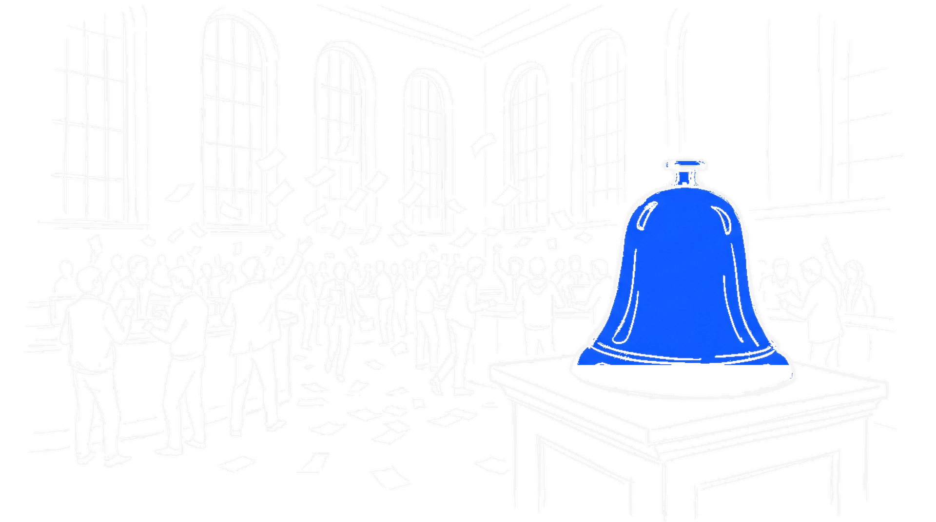 Illustration einer elektroblauen Börsenglocke auf einem Podest vor belebtem Handelsparkett, kinewsletter.ch Stil