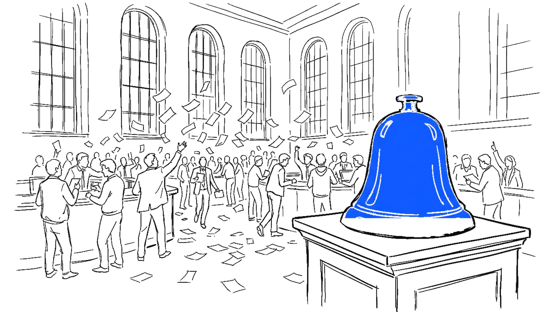 Illustration einer elektroblauen Börsenglocke auf einem Podest vor belebtem Handelsparkett, kinewsletter.ch Stil