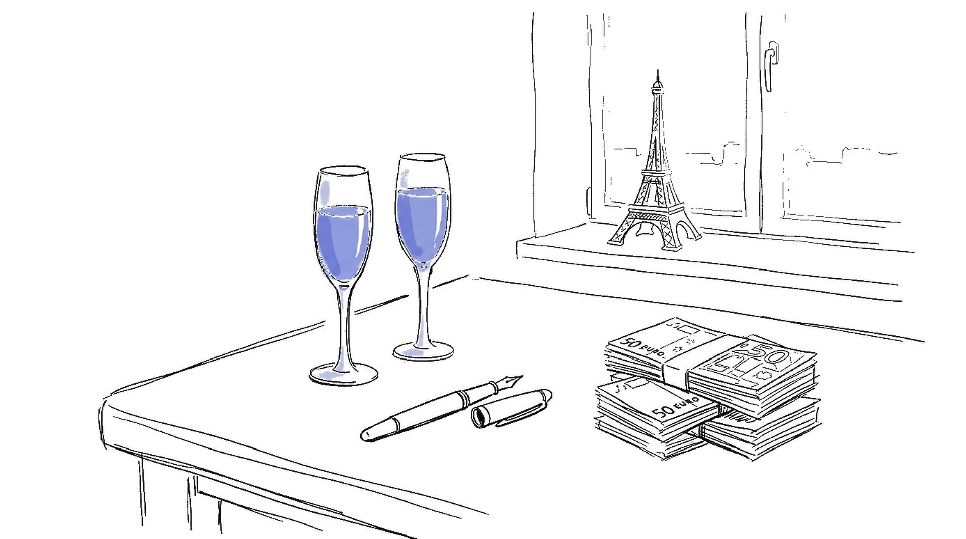 Illustration von Champagnergläsern, Füllfeder und Geldstapel vor einem Fenster mit Eiffelturm – kinewsletter.ch Stil
