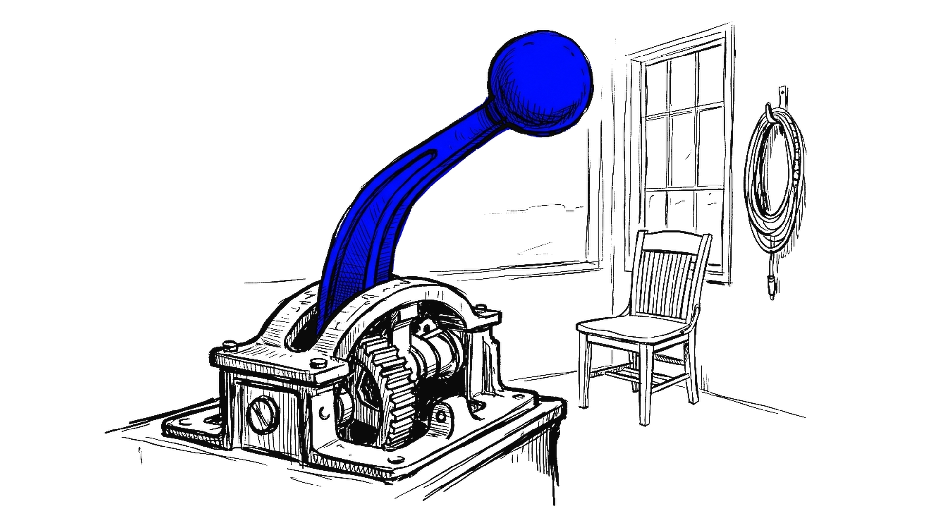 Illustration eines grossen Gashebels in einem Maschinenraum, kinewsletter.ch Stil