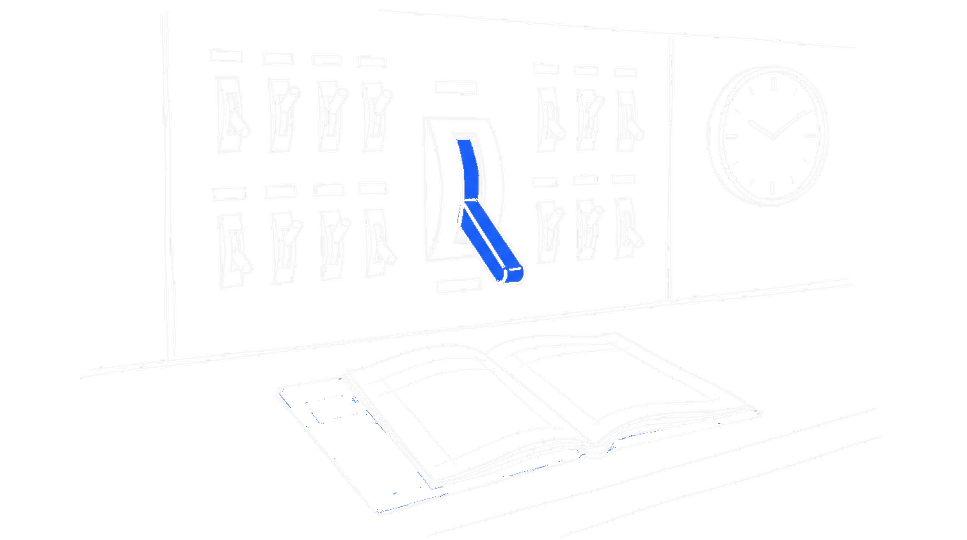Illustration eines Schaltpults mit einem heruntergelegten blauen Hebel und einem leeren Logbuch, kinewsletter.ch Stil
