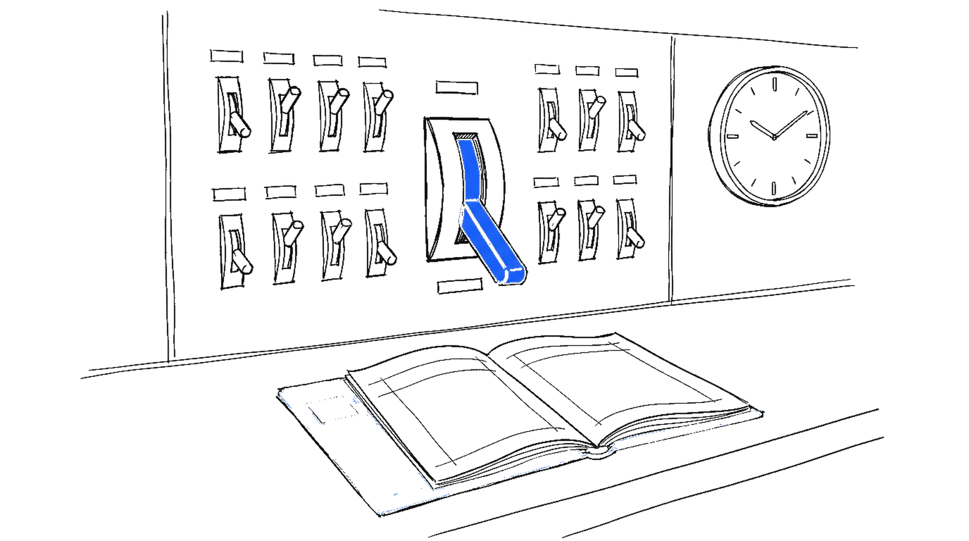 Illustration eines Schaltpults mit einem heruntergelegten blauen Hebel und einem leeren Logbuch, kinewsletter.ch Stil