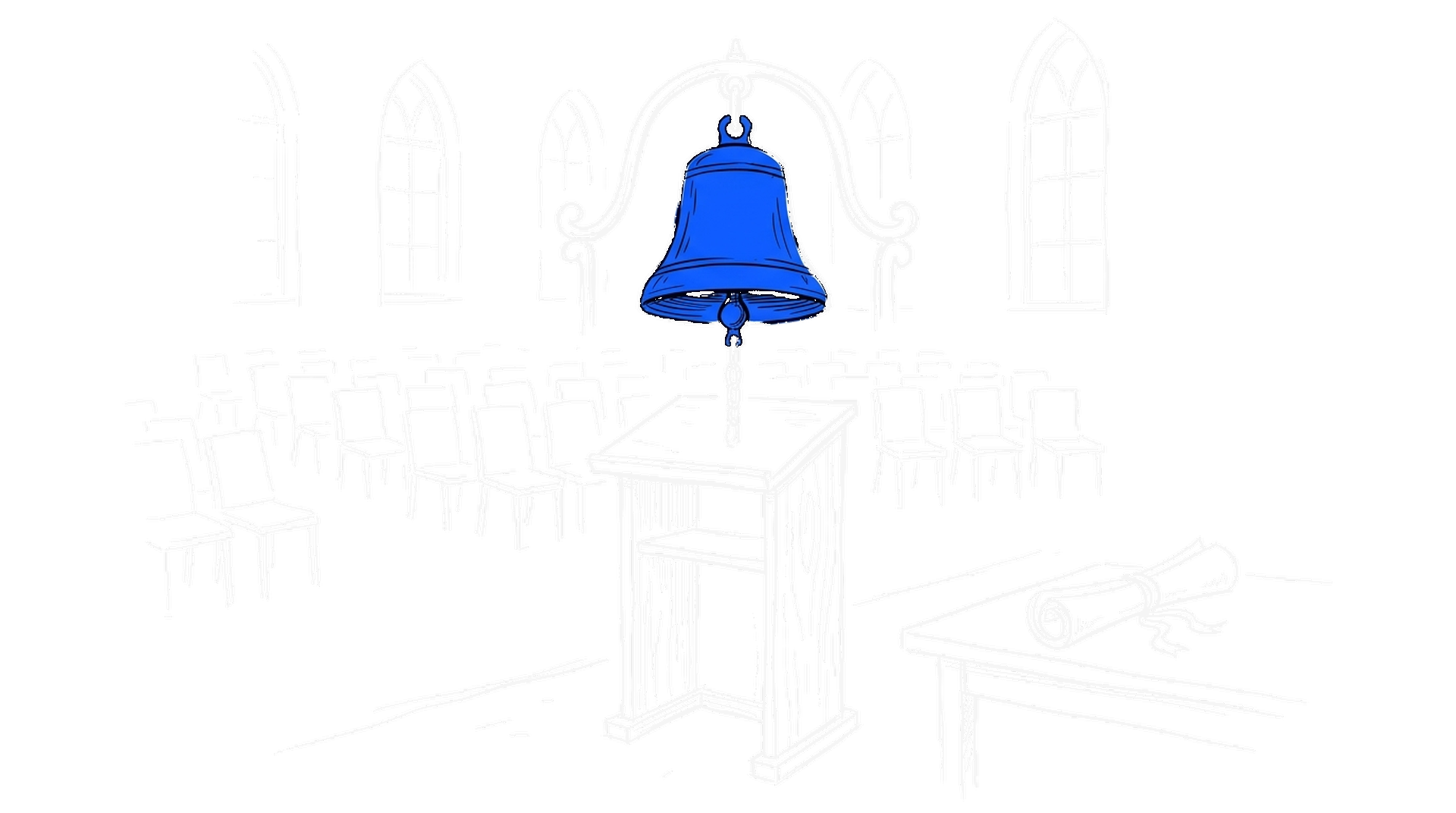Illustration einer zeremoniellen Eröffnungsglocke über einem Rednerpult mit gerolltem Dokument, kinewsletter.ch Stil (Dark Mode)
