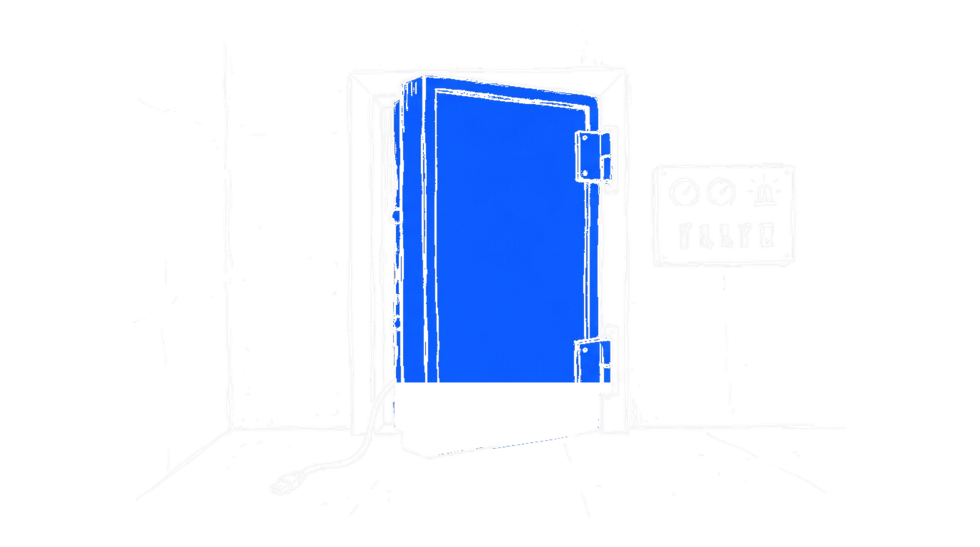 Handgezeichnete Illustration einer schweren blauen Tresortür, die einen Spalt offen steht, mit herausschlüpfendem Netzwerkkabel, kinewsletter.ch Stil