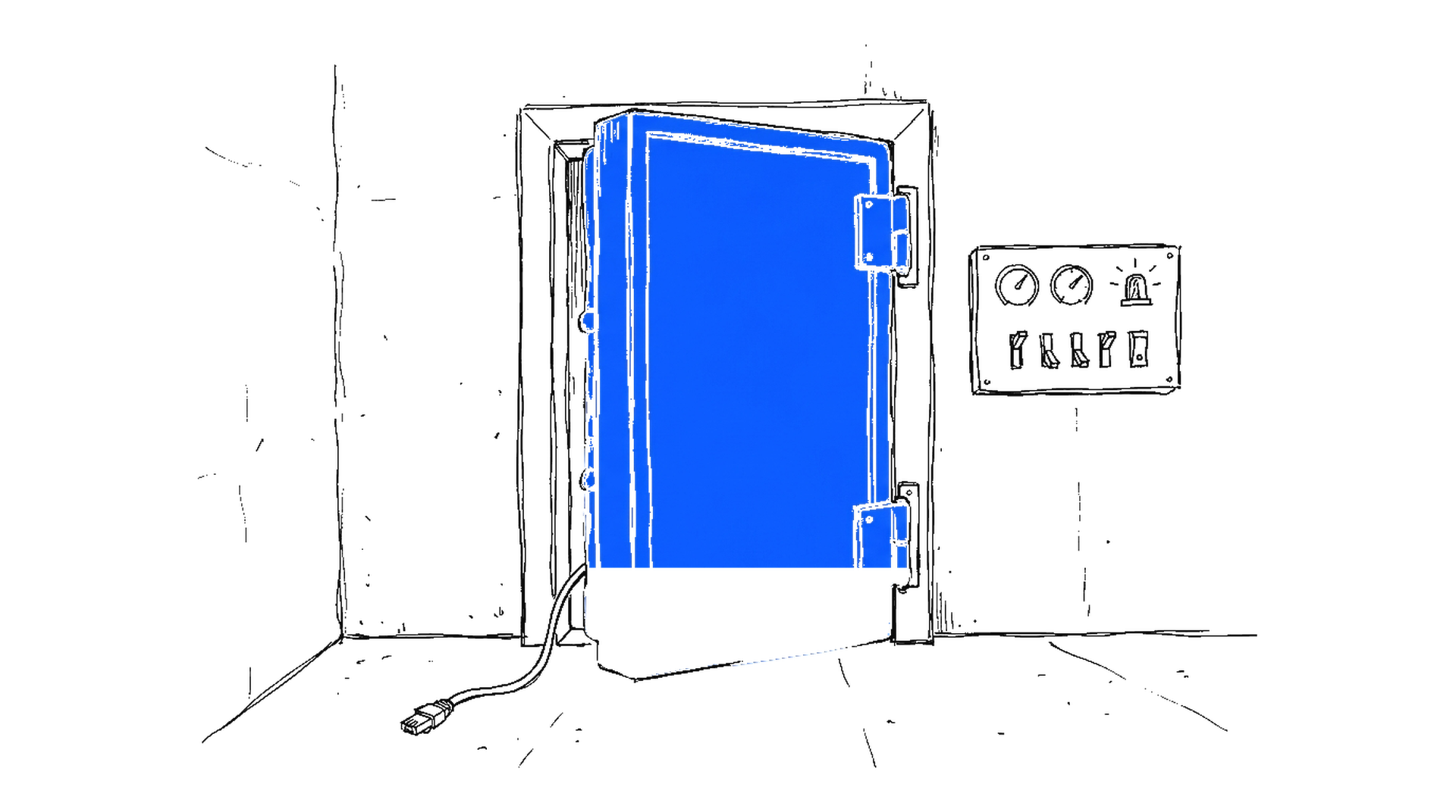 Handgezeichnete Illustration einer schweren blauen Tresortür, die einen Spalt offen steht, mit herausschlüpfendem Netzwerkkabel, kinewsletter.ch Stil