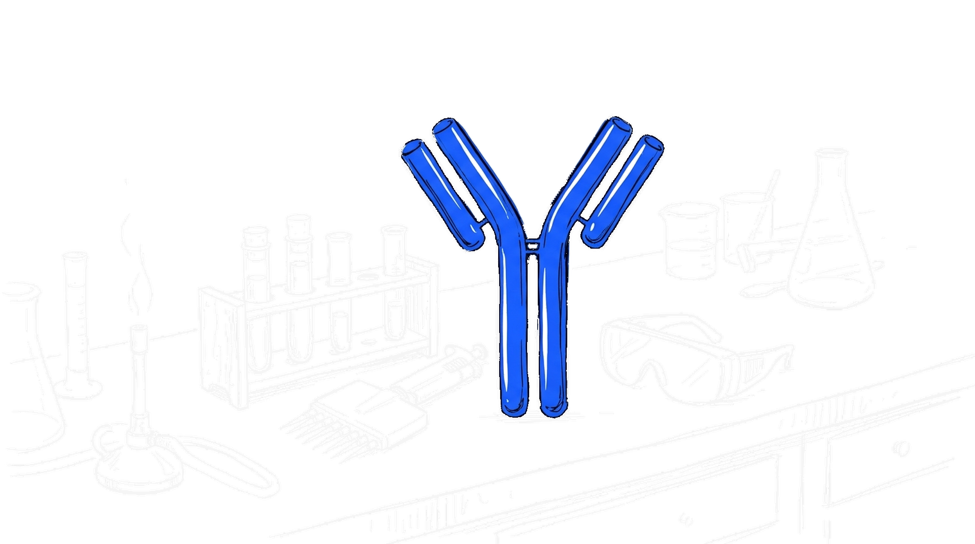 Handgezeichnete Skizze eines Labortischs mit Reagenzgläsern, Pipette und Schutzbrille, in der Mitte ein grosses blaues Antikörper-Modell