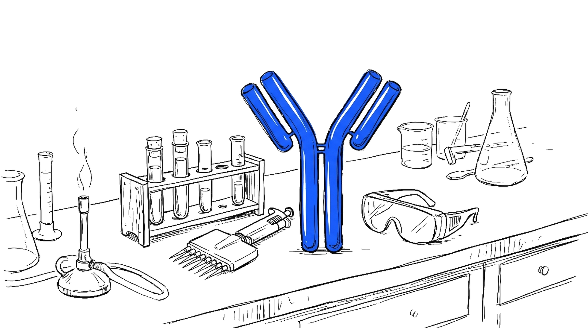 Handgezeichnete Skizze eines Labortischs mit Reagenzgläsern, Pipette und Schutzbrille, in der Mitte ein grosses blaues Antikörper-Modell