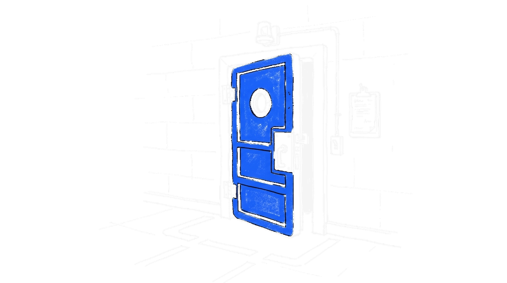 Illustration einer Schleusentür in einem Laborgang mit Warnleuchte, kinewsletter.ch Stil