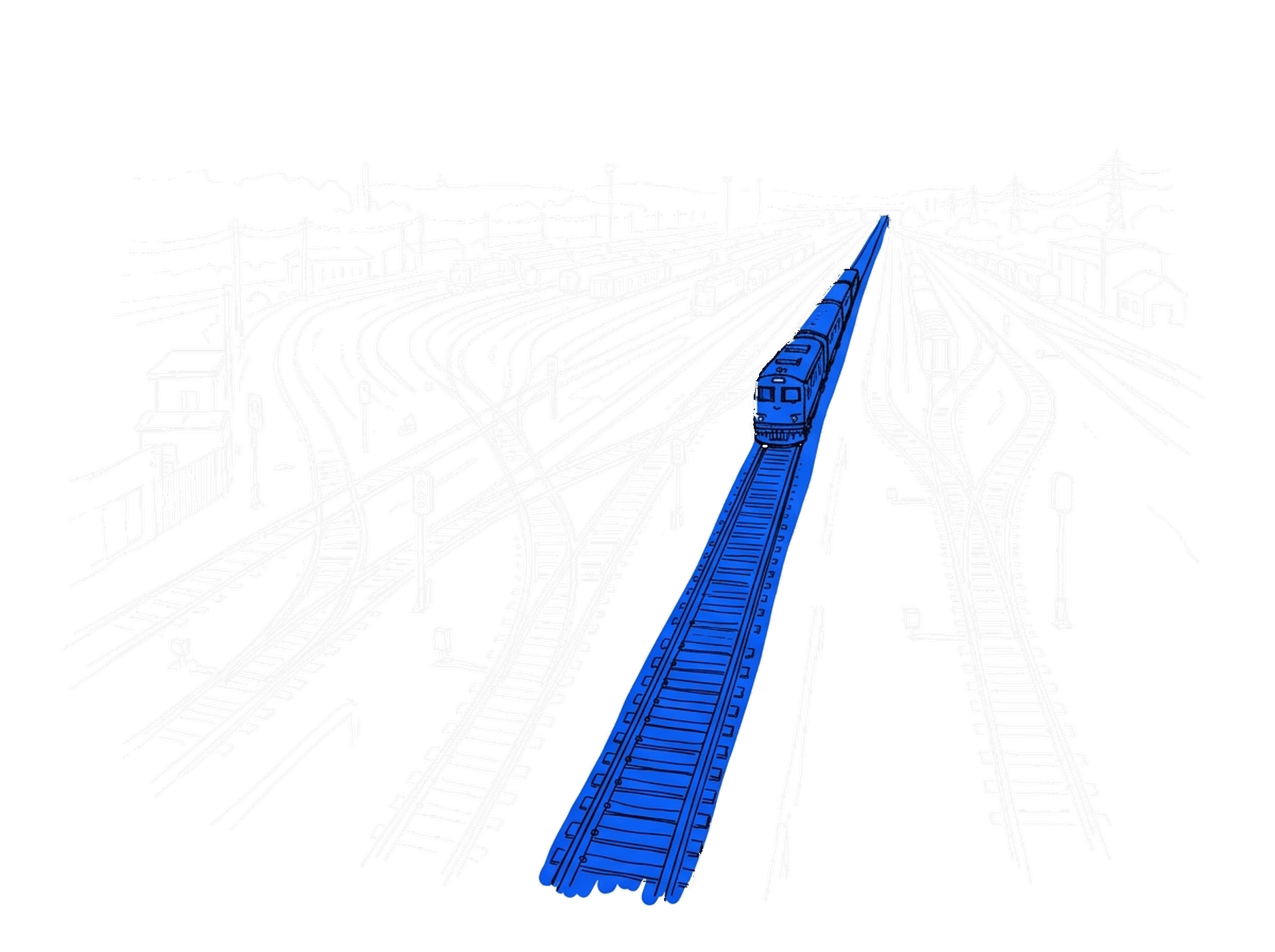 Handgezeichnete Skizze eines Rangierbahnhofs mit vielen Gleisen, die in ein leuchtend blaues Hauptgleis münden