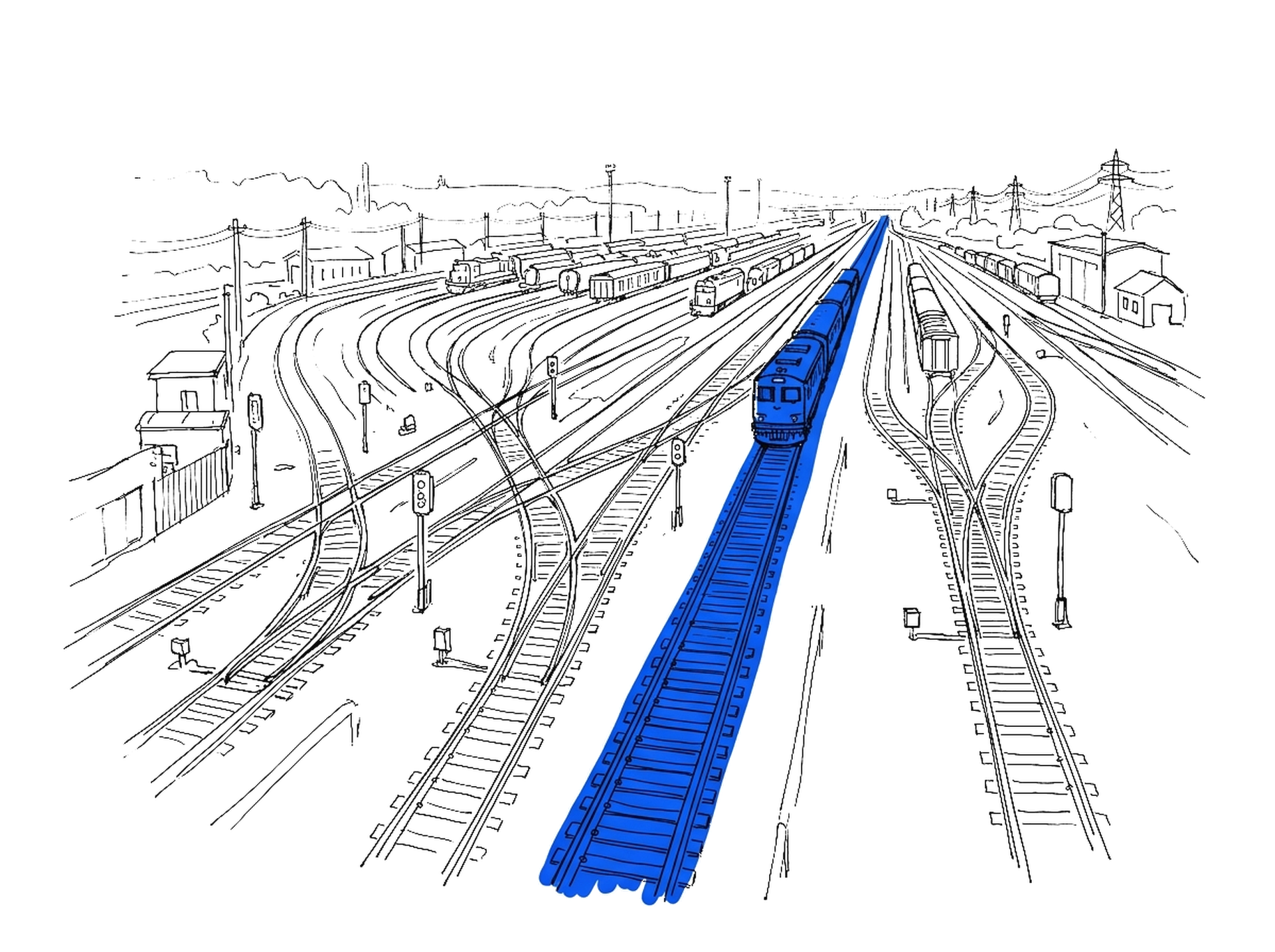 Handgezeichnete Skizze eines Rangierbahnhofs mit vielen Gleisen, die in ein leuchtend blaues Hauptgleis münden