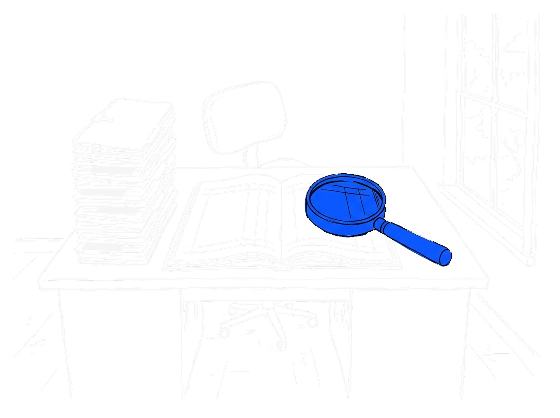 Handgezeichnete Skizze eines Schreibtischs mit aufgeschlagenem Buch, Aktenstapel mit geschwärzten Stellen und einer leuchtend blauen Lupe
