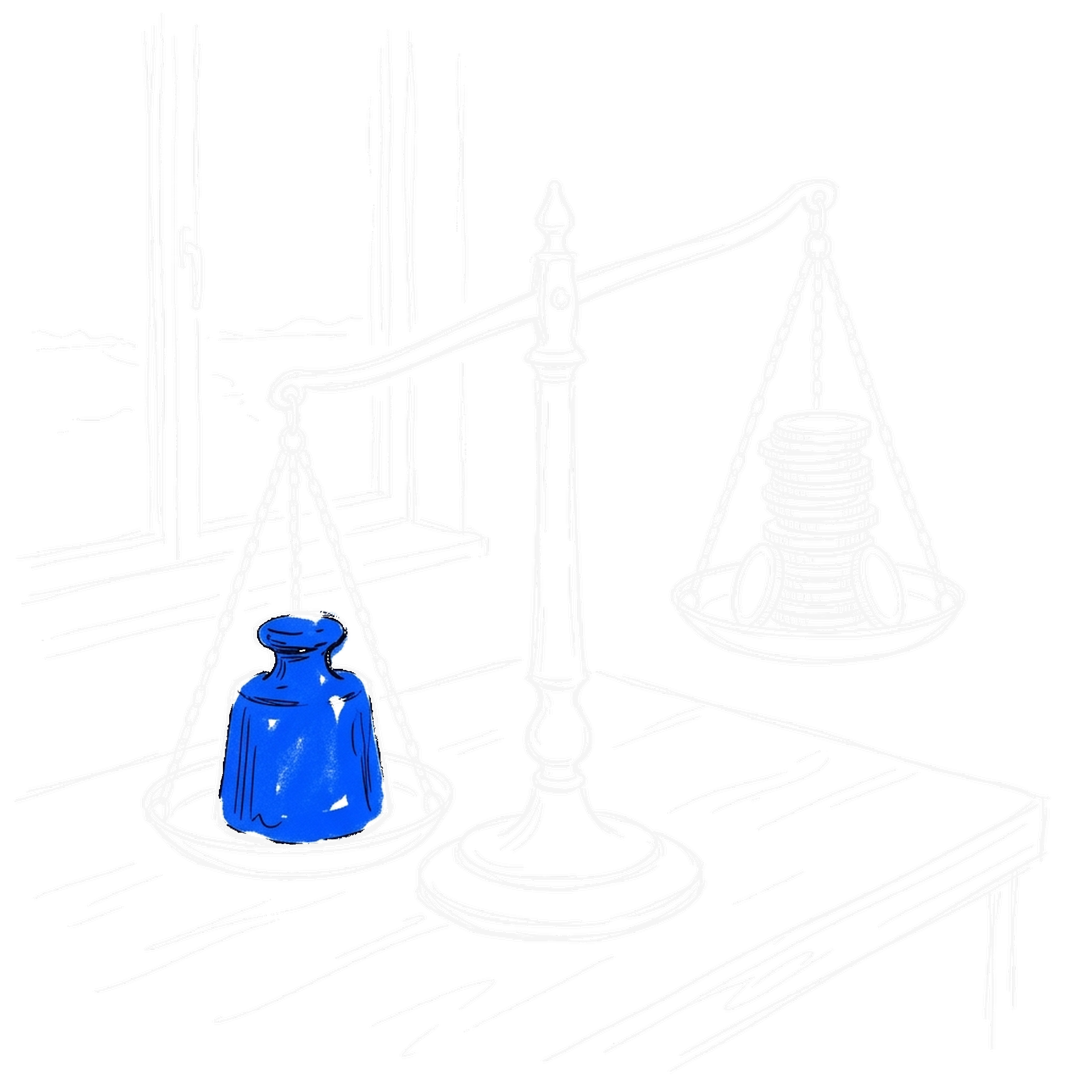 Illustration einer Waage, auf deren gesenkter Schale ein einzelnes elektroblaues Gewicht einen hohen Münzstapel aufwiegt, kinewsletter.ch Stil