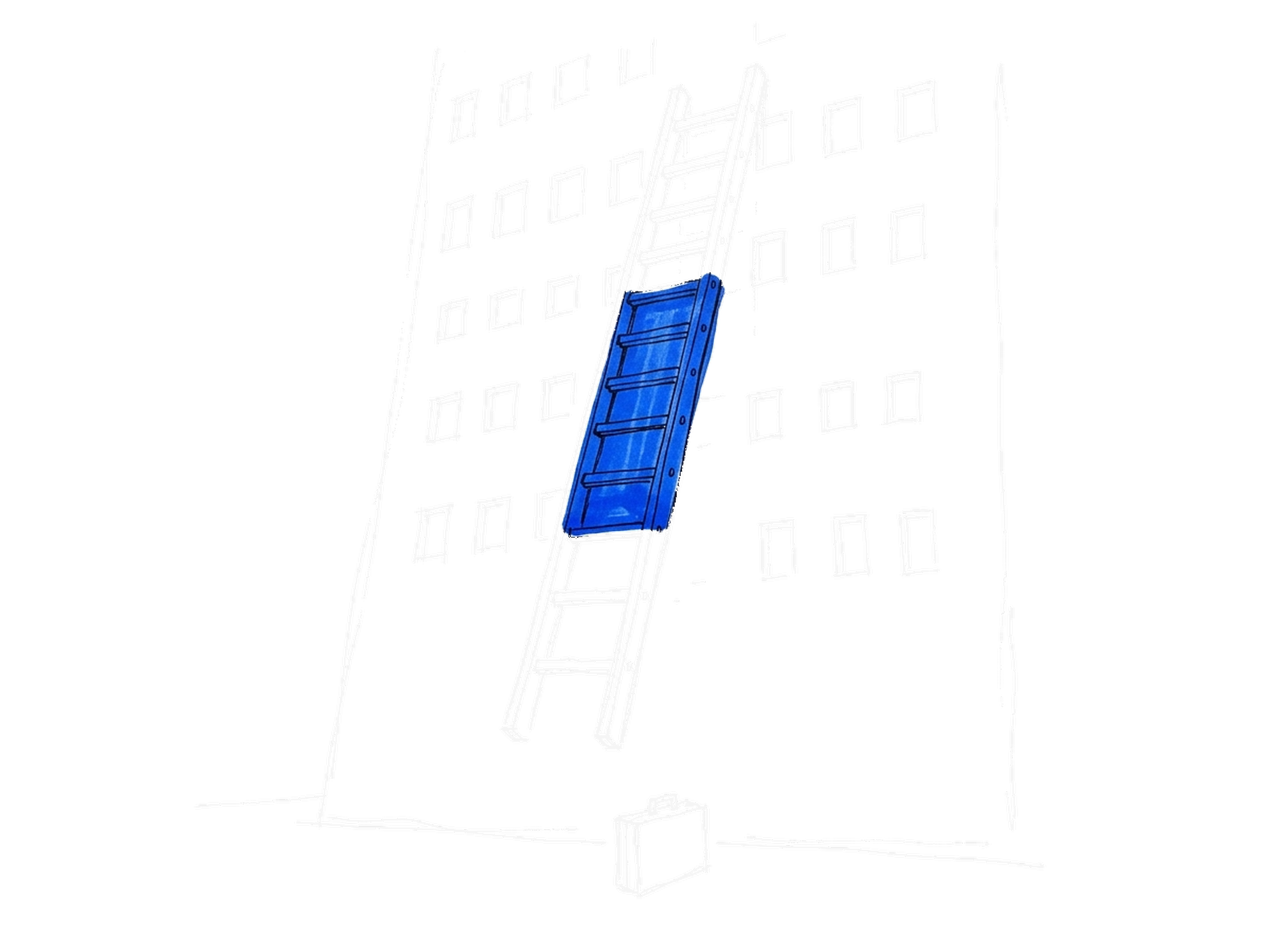 Handgezeichnete Skizze einer hohen Leiter, bei der die untersten Sprossen fehlen, vor einer Bürofassade; die Leiter leuchtet in Blau