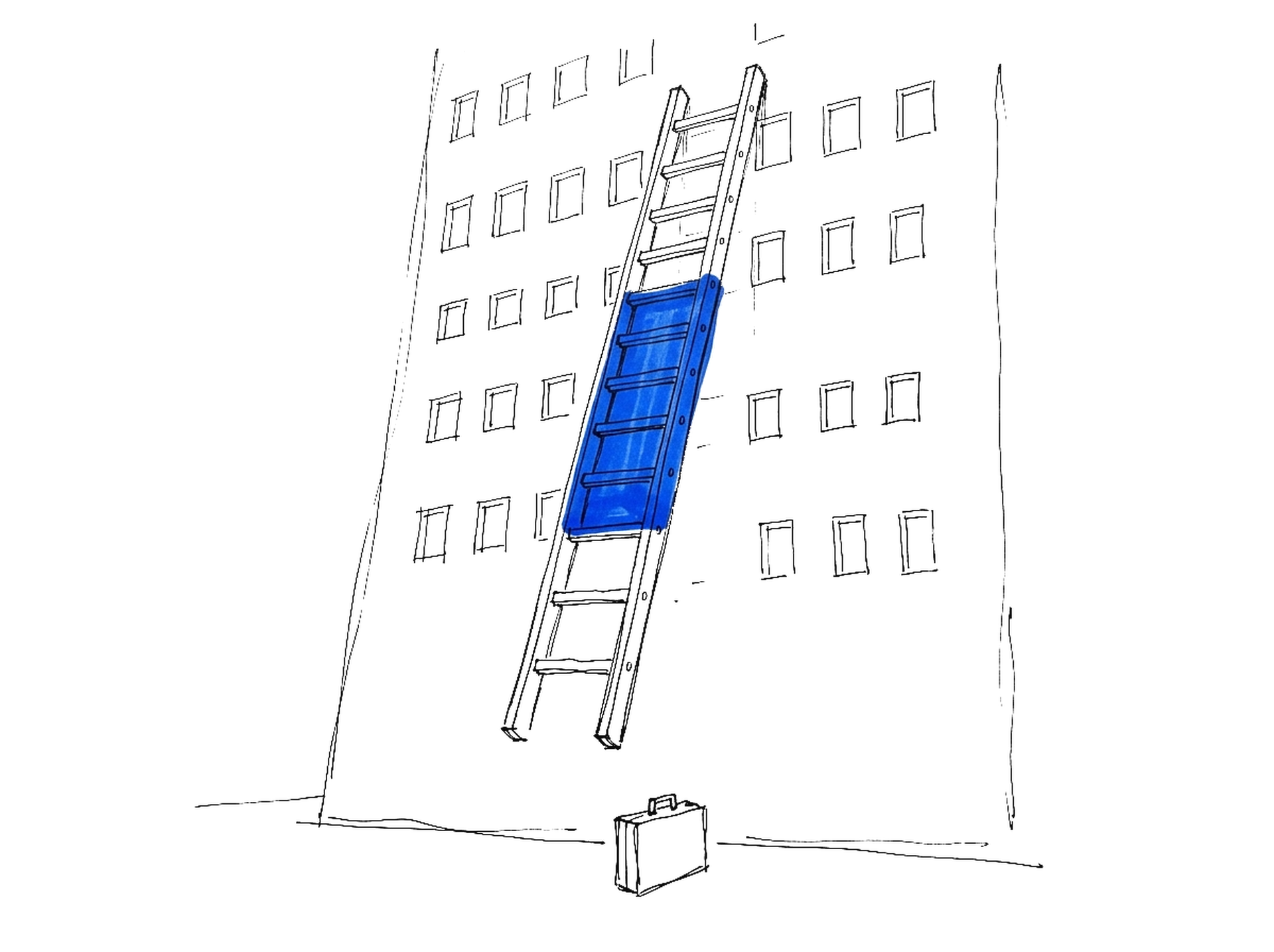 Handgezeichnete Skizze einer hohen Leiter, bei der die untersten Sprossen fehlen, vor einer Bürofassade; die Leiter leuchtet in Blau