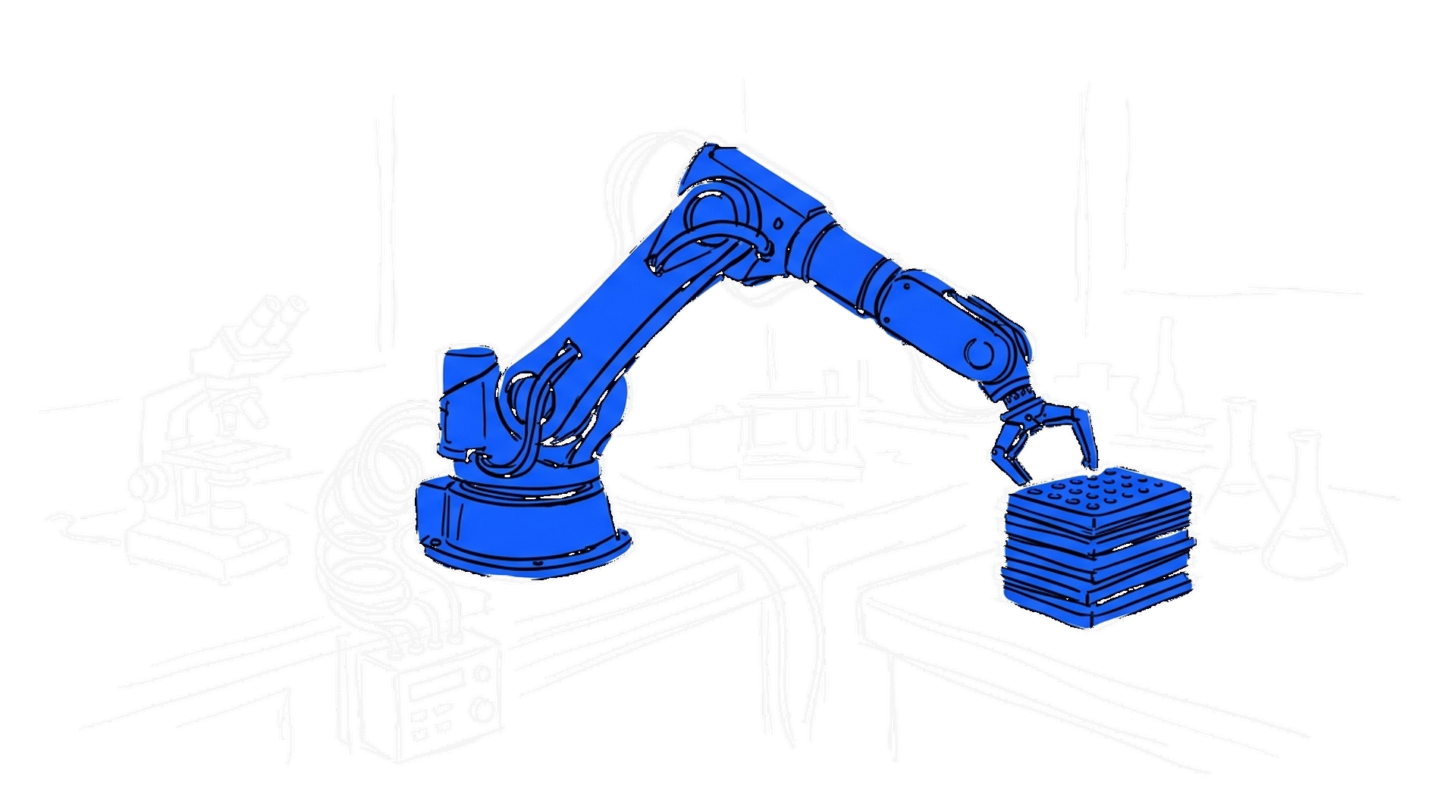 Illustration eines Roboterarms, der einen Stapel Probenplatten über eine Laborbank mit Mikroskop hebt, kinewsletter.ch Stil